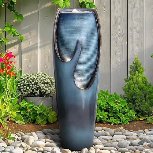 Miniatura 12 de Naturefalls Fuente moderna para exteriores de 39.7 pulgadas, característica de agua de resina de 5 niveles, fuente de cascada de jardín para Gris