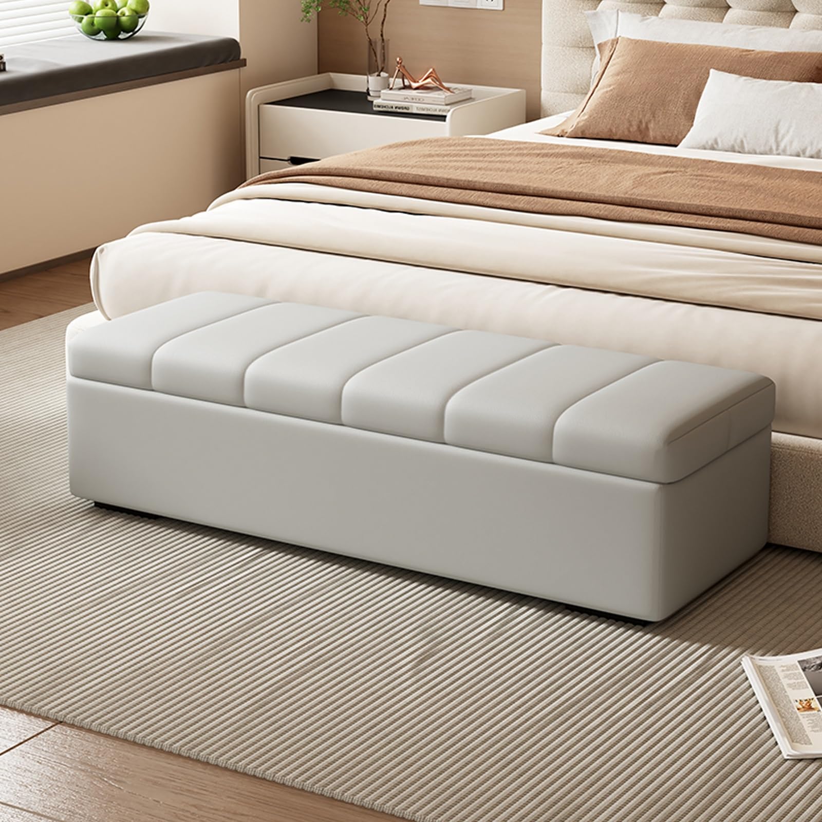 WJFTODAY Light Gray Leather Storage Ottoman Bench 39.4" Entryway Shoe Footstool & Toy for Living Room Bedroom End of Bed Stylish Storage Solution