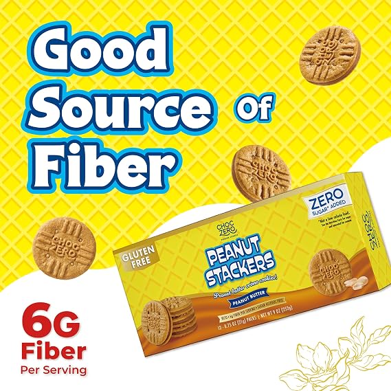 ChocZero Peanut Stackers, Sugar Free Peanut Butter Cookies, Gluten Free | No Sugar Alcohols, Keto, Low Carb, High Fiber, 24 Cookies