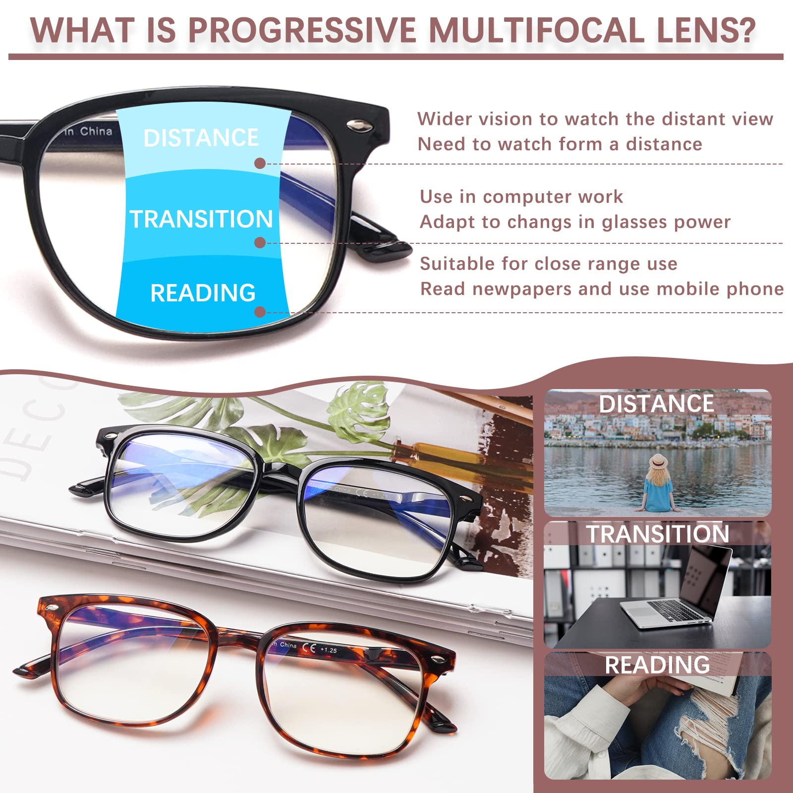 Progressive multifokale Lesebrille, Anti-Blaulicht, für Damen und Herren, modischer Rahmen (3 Mix C1, 1,00, Multiplikatorx)
