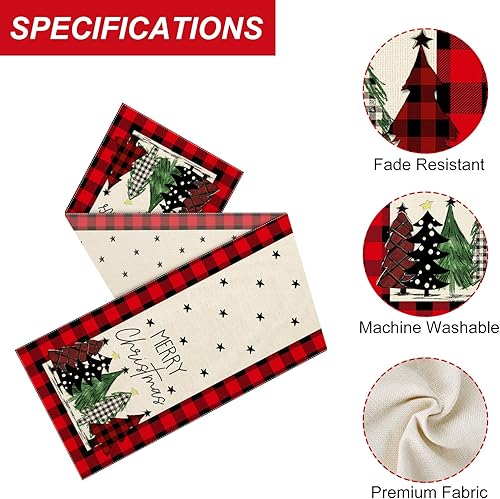 Miniatura 6 de Winter Christmas Table Runner Watercolor Red and Black Buffalo Plaid Christmas Trees Merry Xmas Runner, Seasonal Winter Holiday Kitchen Dining Table