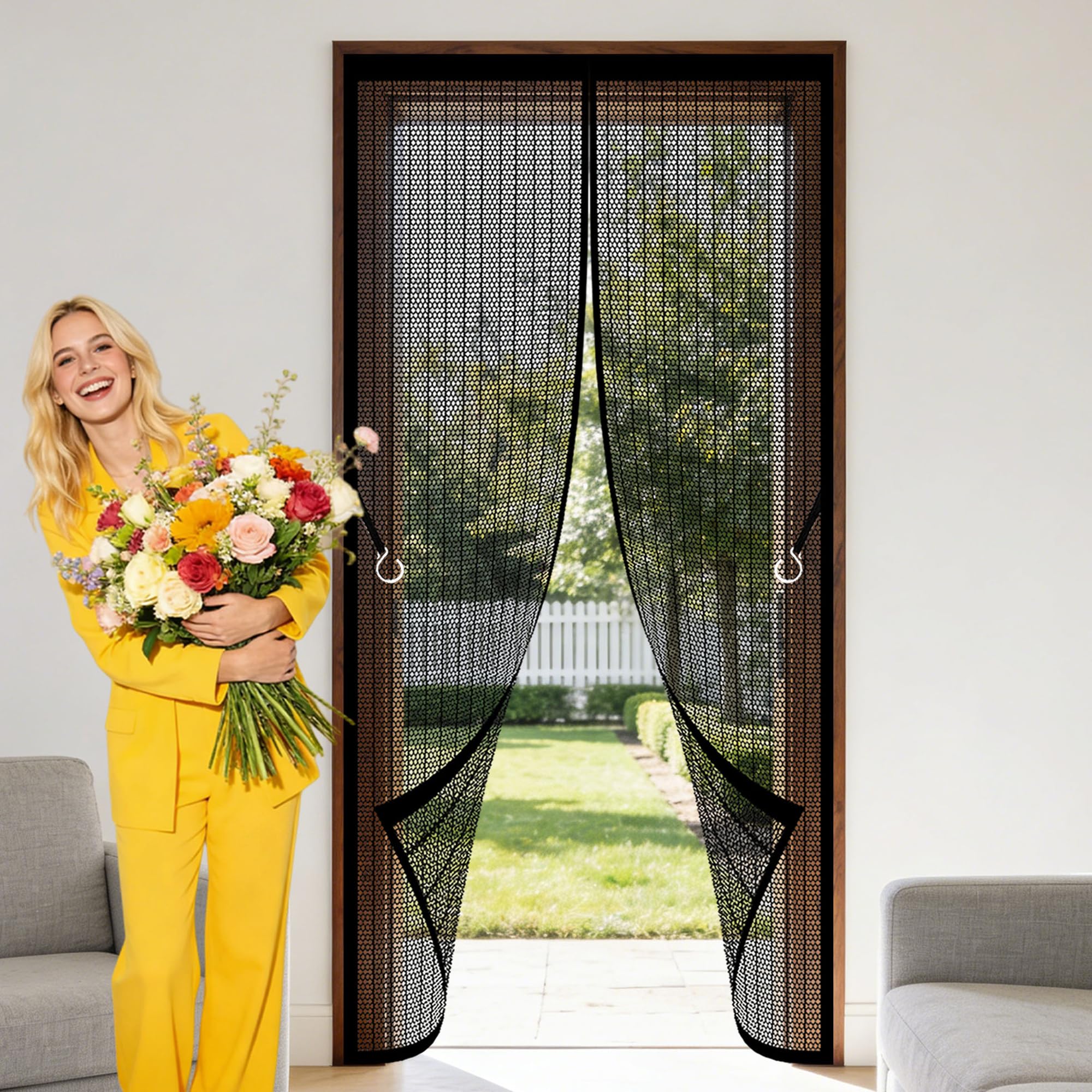 Magnetic Screen Fly Doors 129 x 204 cm Hundreds of Sizes Anti Mosquito Mesh Curtain with Powerful Magnets Keep Bugs Out Lets Fresh Air in for Living Room, Bedroom, Patio, Black