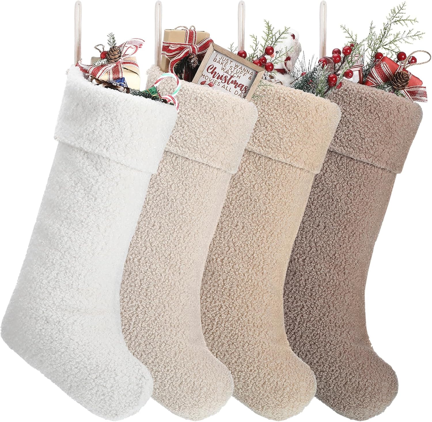 Neutral Christmas Stockings 4 Pcs 18 Inch Large Plush Beige Brown Stocking Faux Lambswool Xmas Hanging Decor for Holiday Christmas Party Family Fireplace Decoration(2 Colors)