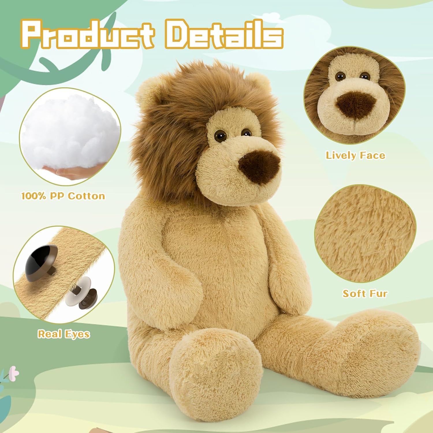 Tezituor 4.3ft Giant Fat Lion Stuffed Animal, 51.2 inch Large Stuffed Lion Plushies Toy Hugging Soft Theme Body Pillow for Boys Girls Birthday Party Gift Decora