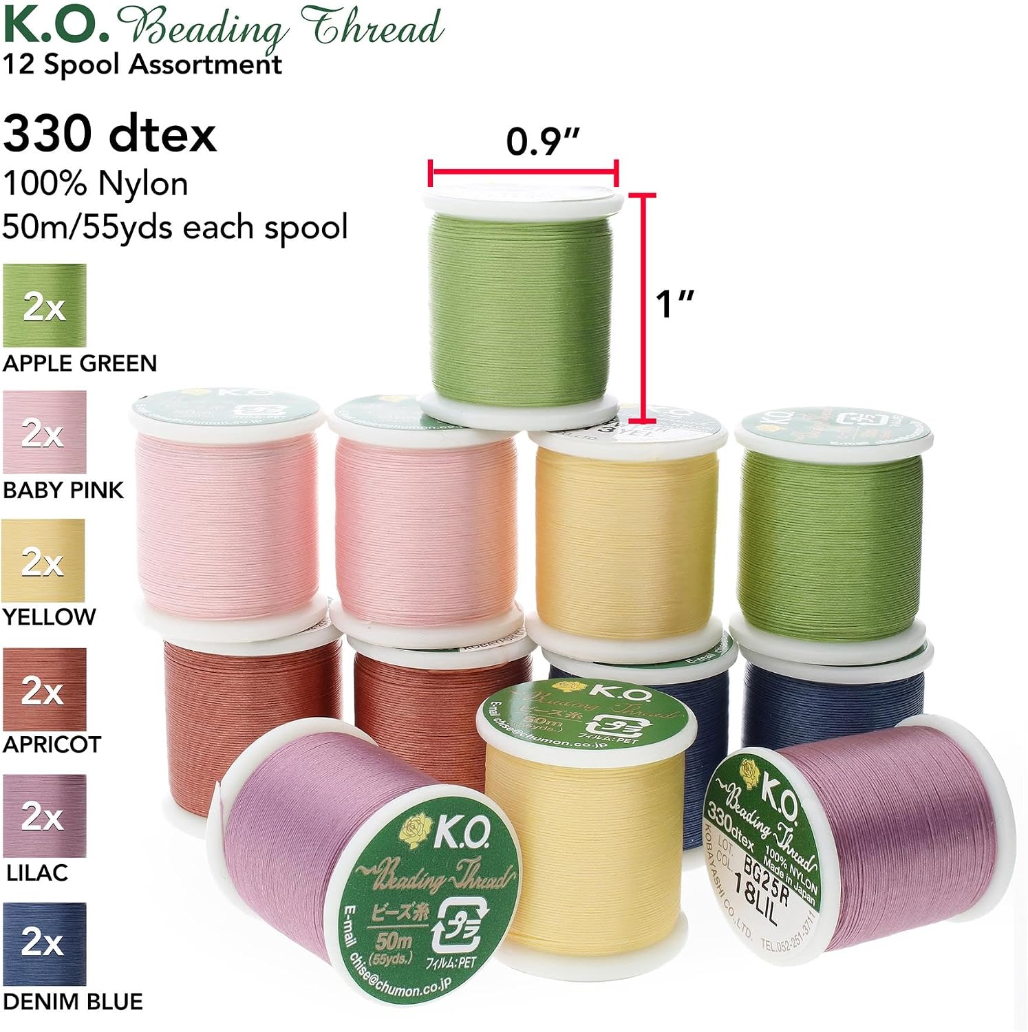 KO Thread, Nylon Beading Thread, 12-Piece Color Assortment, Japanese Pre-Waxed 100% Nylon, 330TEX, Tangle Resistant Knotting Cords, 50 Meters, Use for Seed Bead Projects, Loom Work and Bead Weaving