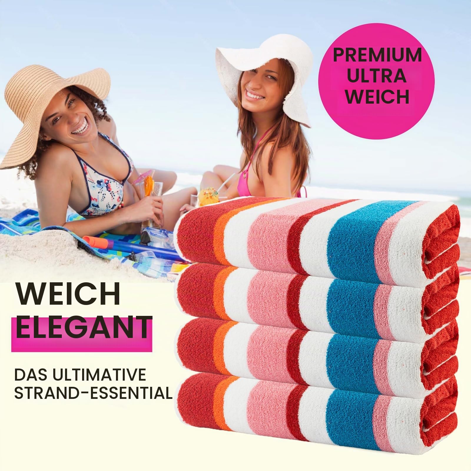 Casa Copenhagen Bora Bora Handtücher 4-Stück Geschenkset aus – Rosa, 75x150 cm extragroße Pooltüchern 100% Baumwolle (perfekte Sommer Geschenkset für Damen & Herren)