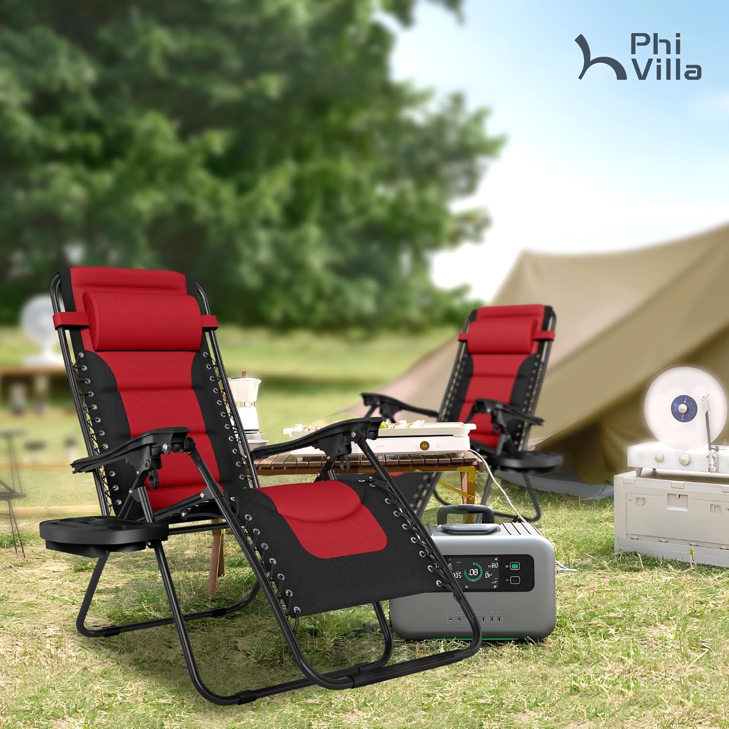 PHI VILLA Oversized Padded Zero Gravity Lounge Chair Folding Patio Recliner with Adjustable Headrest & Cup Holder, Support 350 LBS (Red)