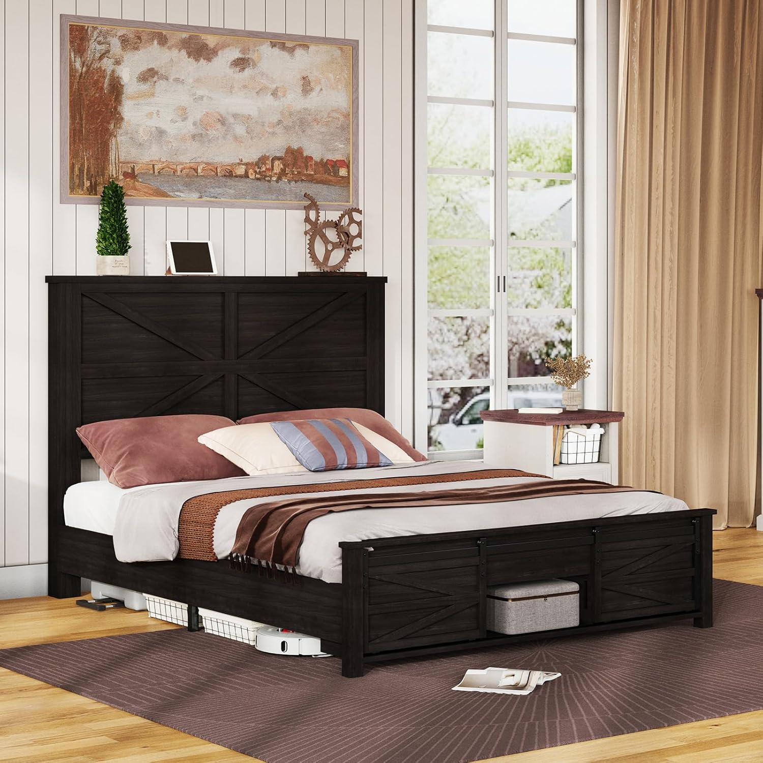 AMERLIFE Farmhouse Wood Bed Frame Queen Size with Sliding