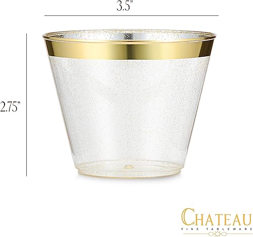 Miniatura 3 de Paquete de 100 vasos de plástico de 9 onzas con purpurina dorada con borde dorado, tazas de fiesta de alta calidad, elegantes y resistentes, bodas,