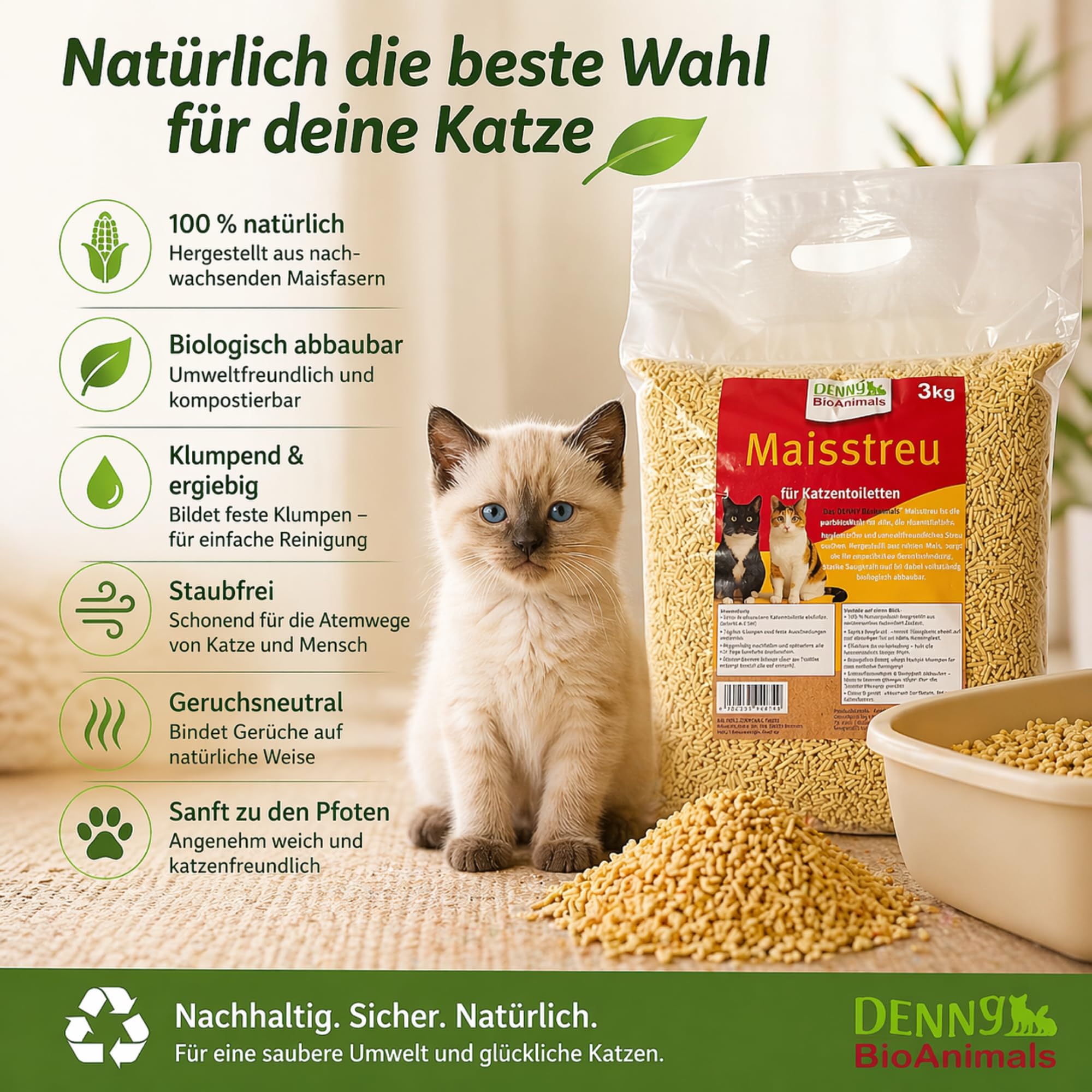 Klumpende Mais Katzenstreu 100% Pflanzlich & Biologisch Abbaubar – Extra Ergiebig & Geruchsbindend – Staubarm & sanft – Auch für Kitten Geeignet – 30 kg / 80 L