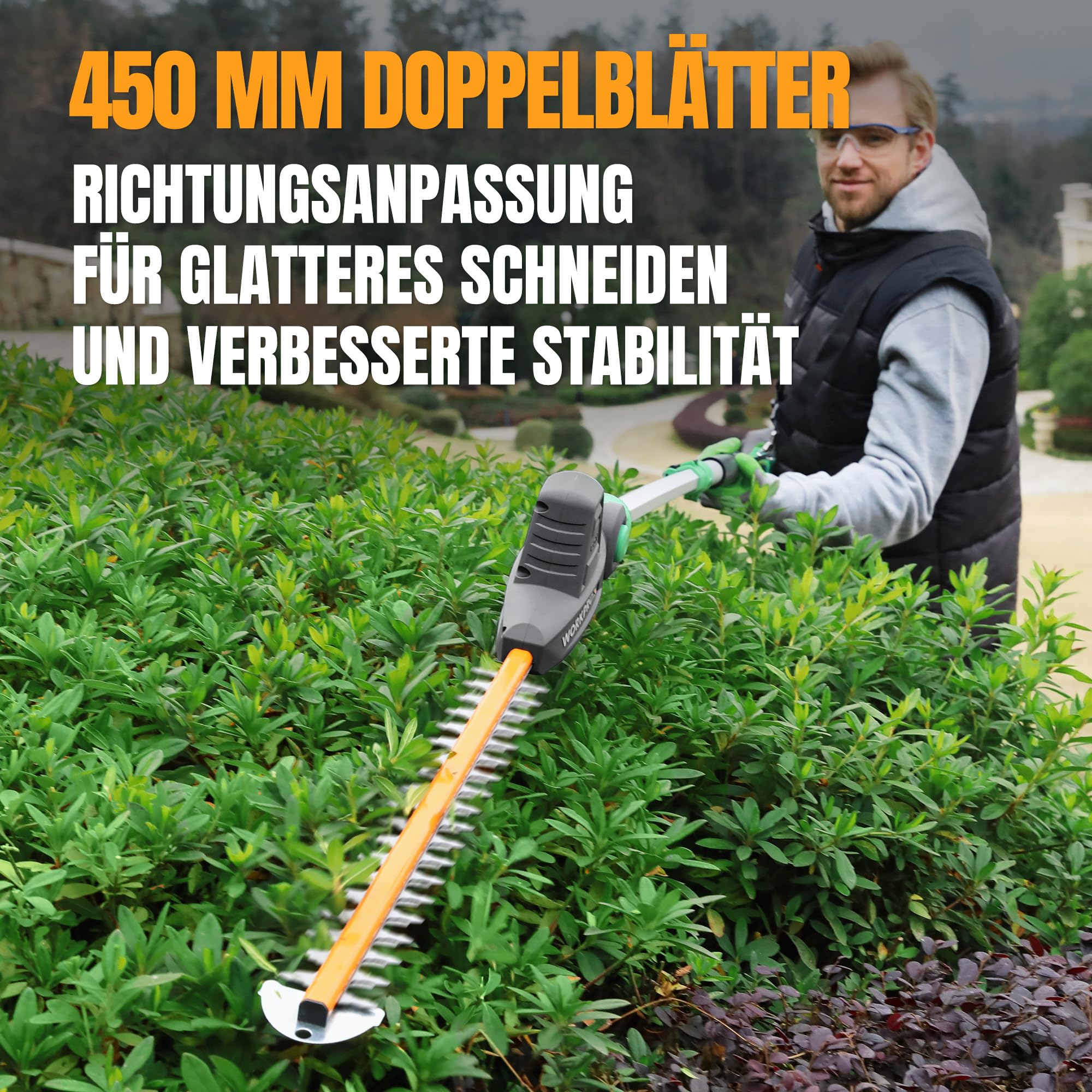WORKPROX Akku Teleskop-Heckenschere 20V mit 2,0Ah Batteie & Typ-C Ladekabel, 2,8m Heckenschere Schnittlänge 45cm, Ø18mm, Heckentrimmer mit Teleskopstange für Garten, Hohen Hecken & Sträucher