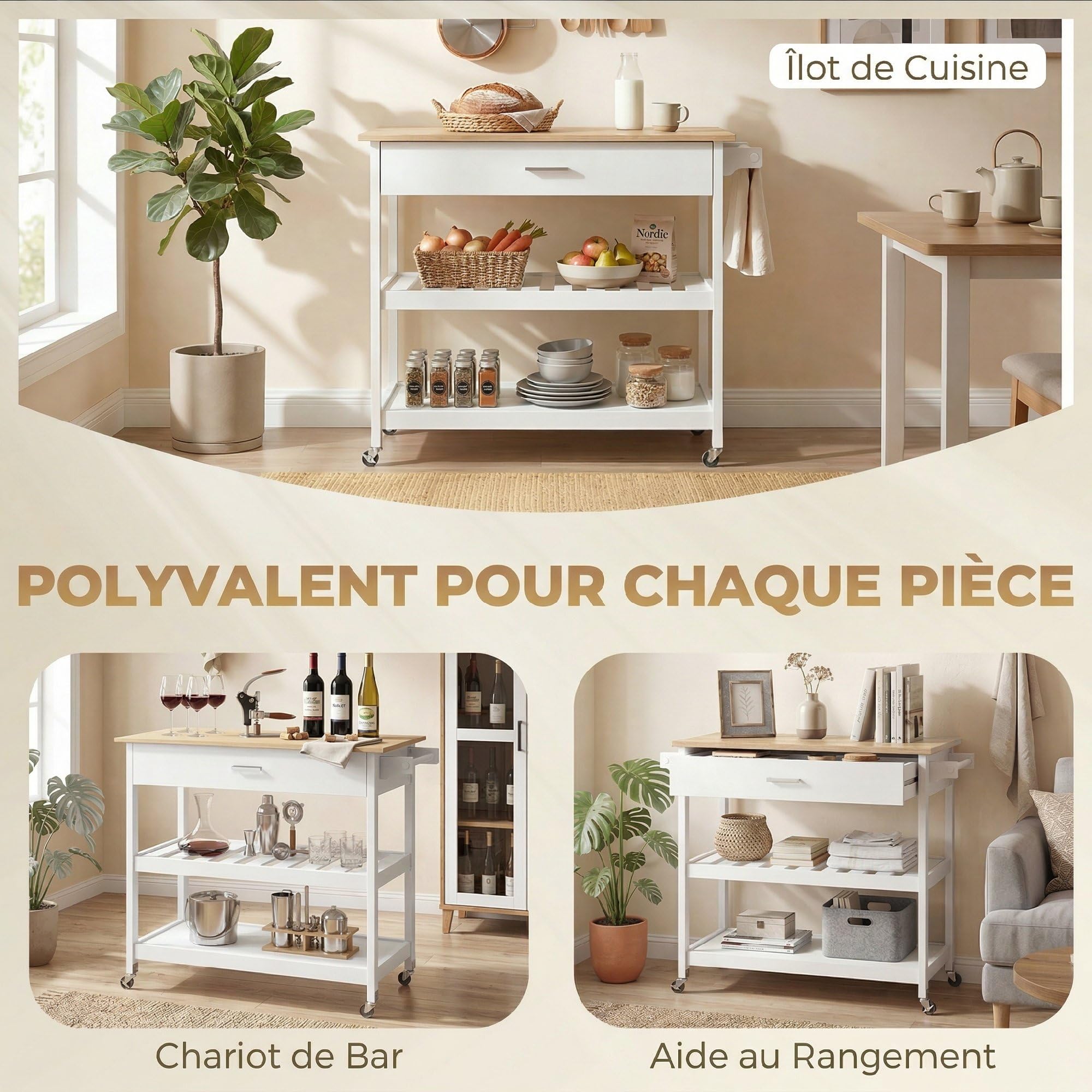 HOMCOM Desserte de Cuisine à roulettes Tiroir 108,8 x 51 x 92,5 cm Blanc