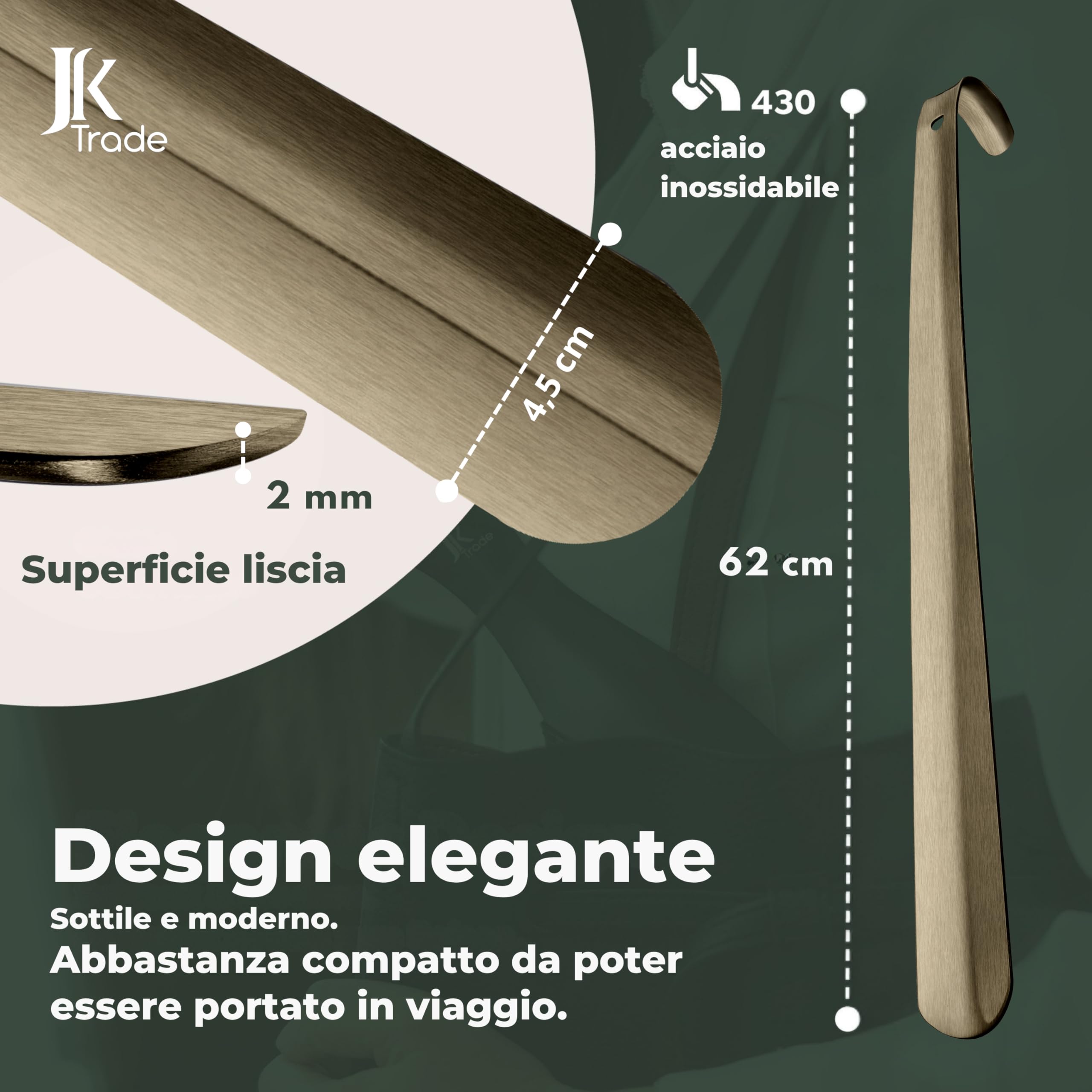 JK Trade® Calzascarpe in acciaio inox stabile da 62 cm, lunghezza 2 mm, in metallo lucido, lungo per stare in piedi, veloce e semplice, lunghezza e larghezza ottimizzate, per lavoro