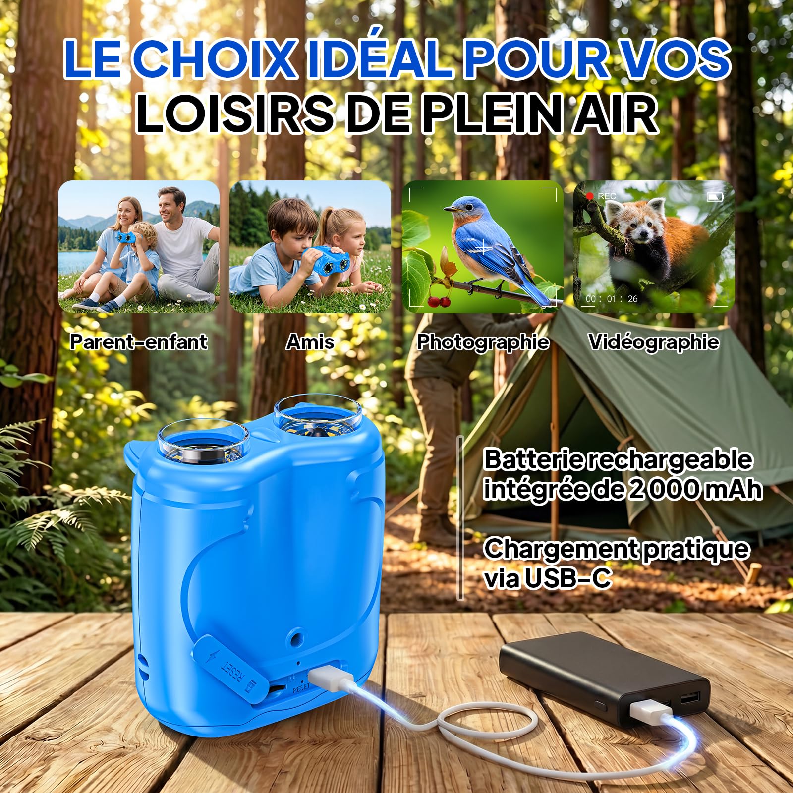 Ashfly Mikroskop für Kinder und Fernglas für Kinder, 1000X USB 2-in-1 tragbares Taschenmikroskop, 4K 2.0" Bildschirm, 10-facher Vergrößerung Kinderfernrohr, Science draussen ab ab 3 Jahren, Blau