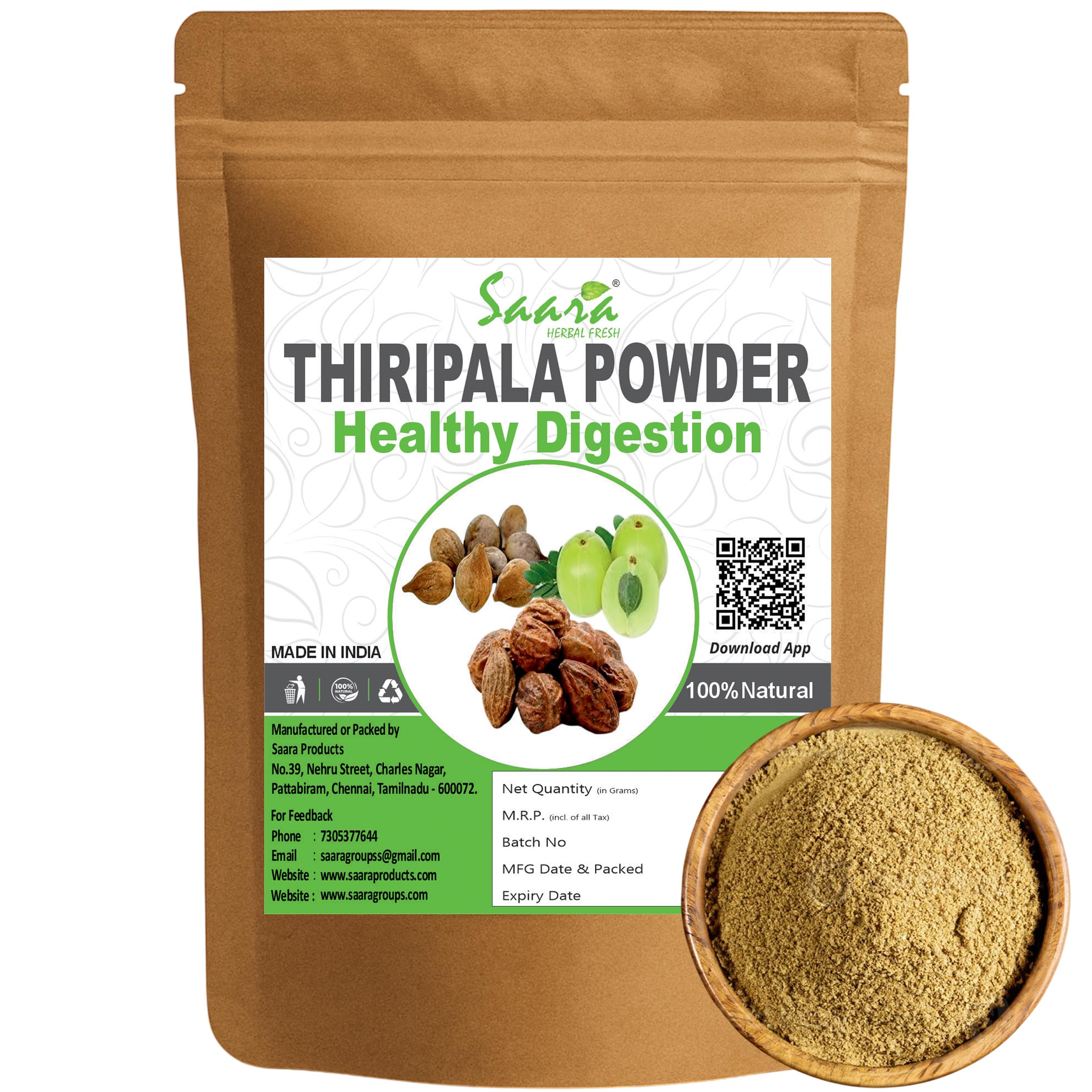 Saara HERBAL FRESH Triphala Churna Powder, 101g, Thiripala Powder, Thiribala Powder, Amla, Baheda, Haritaki Powder,101g, (pack of 1 x 101g)