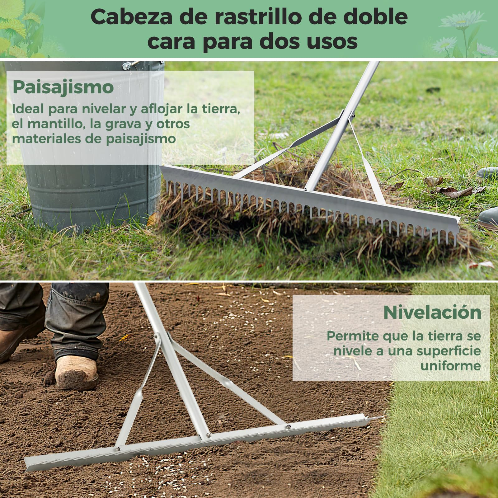 COSTWAY Rastrillo de Jardin, Rastrillo Jardin con Mango de 174 cm, 36 Púas, Rastrillo De Aluminio Cuidado del Césped, Jardín, Lago, Estanque, Playa