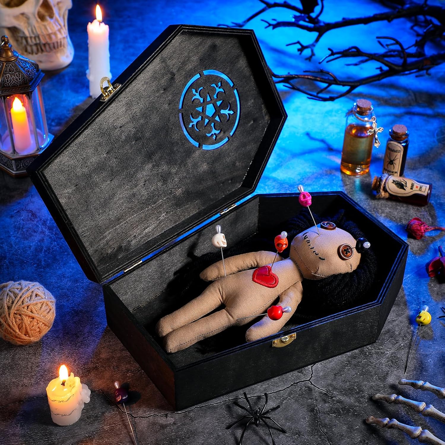 12 Pcs Voodoo Figure Kit Include Creepy Figures 10 Pcs Skull Pins Wooden Coffin Box Haunted Figure Halloween Scary Ghost Voodoo Ornaments Fidget Stress Relieving(Female)