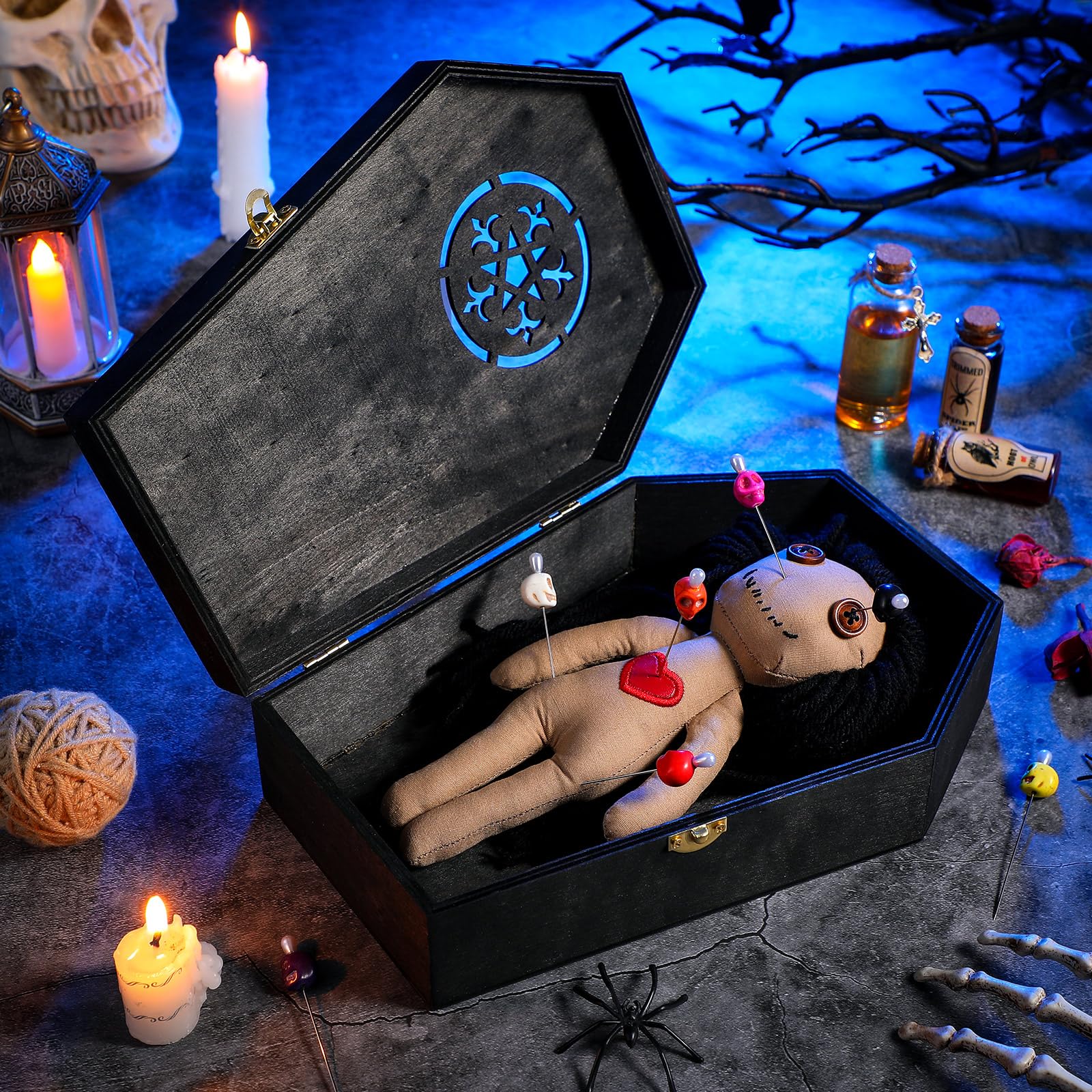 VercanMonth 12 Pcs Voodoo Figure Kit Include Creepy Figures 10 Pcs Skull Pins Wooden Coffin Box Haunted Figure Halloween Scary Ghost Voodoo Ornaments