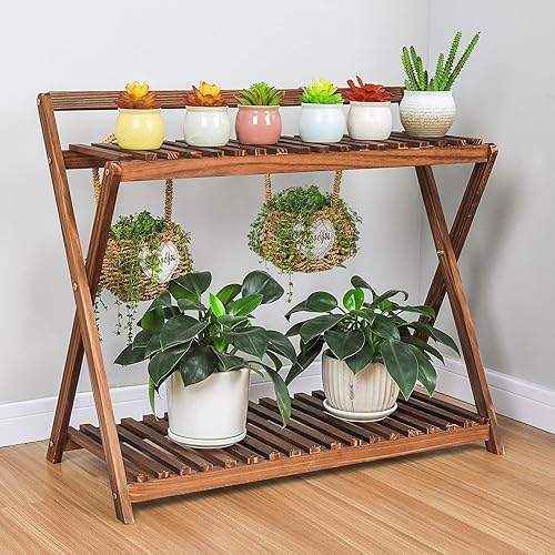 Miniatura 7 de Soporte para plantas de interior para múltiples plantas, estante esquinero de madera de 2 niveles con colgador para macetas al aire libre, soporte