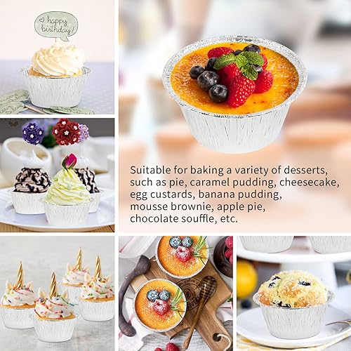 Miniatura 4 de Mateebake Tazas de papel de aluminio para hornear, Ramekin desechables de 3 onzas, forros de papel plateado para cupcakes, 200 piezas de aluminio