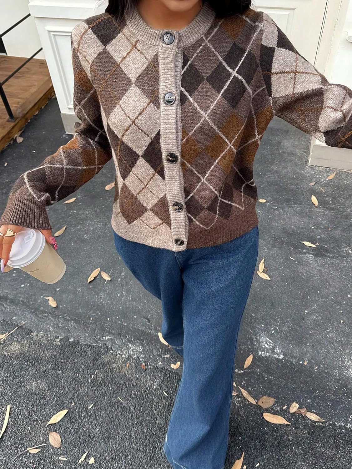 WDIRARA Women's Argyle Sweaters Cardigan Crew Neck Long Sleeve Button Down Knit Outerwear - Image 7