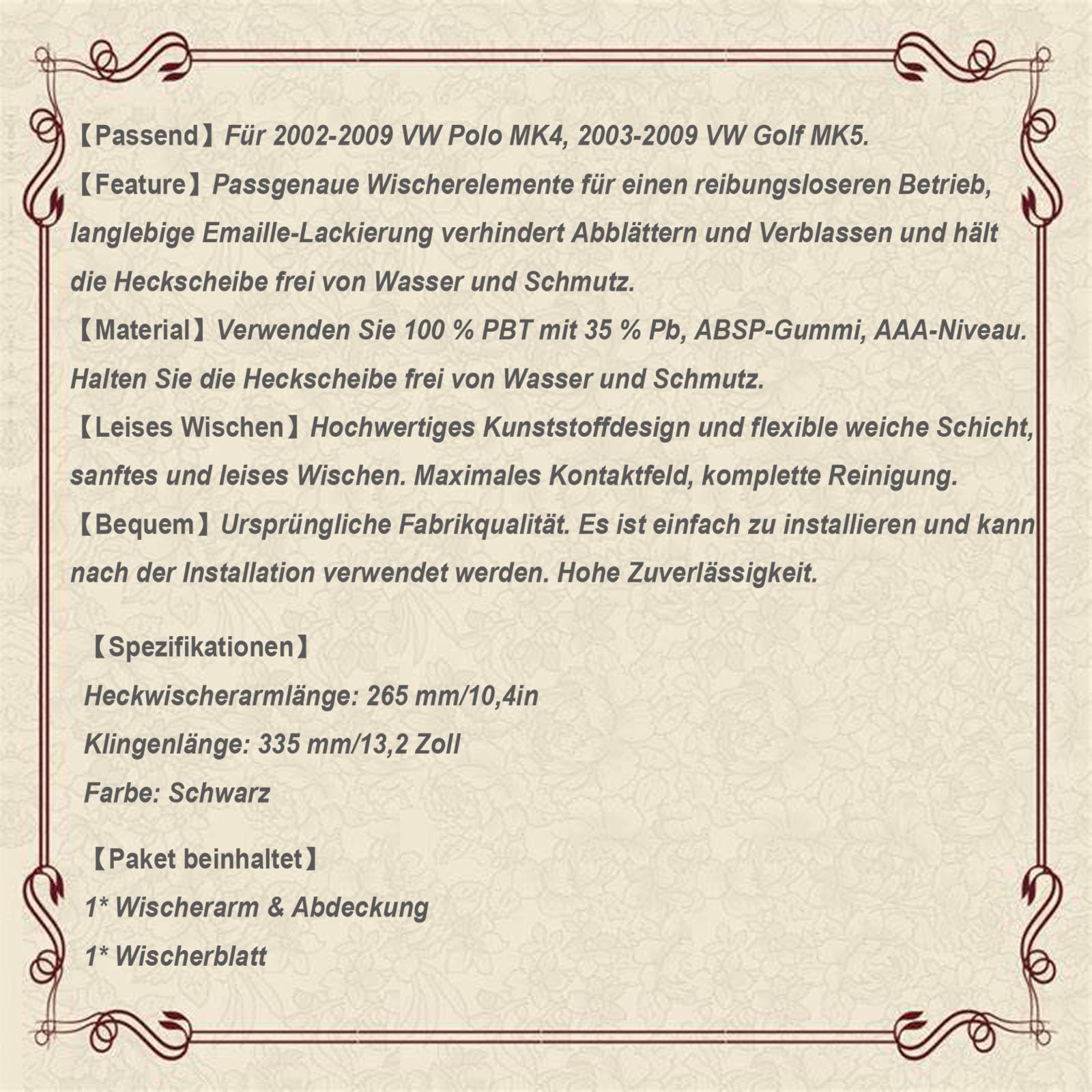 Tylne wycieraczki do Golf 5, ramię wycieraczki do Polo MK4, zamiennik do VW Polo MK4 2002-2009, VW Golf MK5 2003-2009, czyszczenie tylnej szyby z naturalnej gumy na wszystkie pory roku