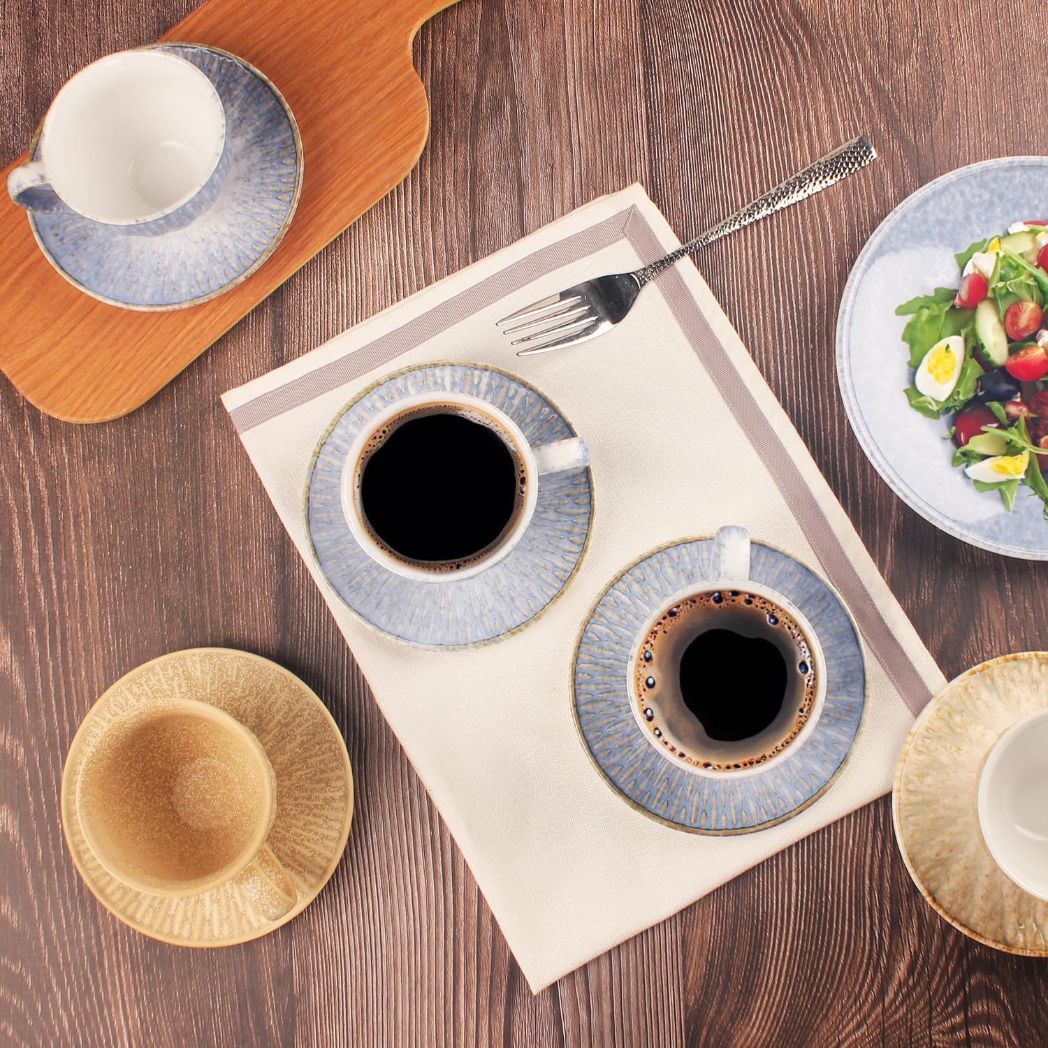 Coffee Mugs Set, 6.8 oz, Ceramic Tea Cup with saucer, Espresso Cups 8-piece, Stackable Cups, for Latte,Hot Tea,Cappuccino, Mocha, Cocoa, dishwasher & microwave safe, Azure blue