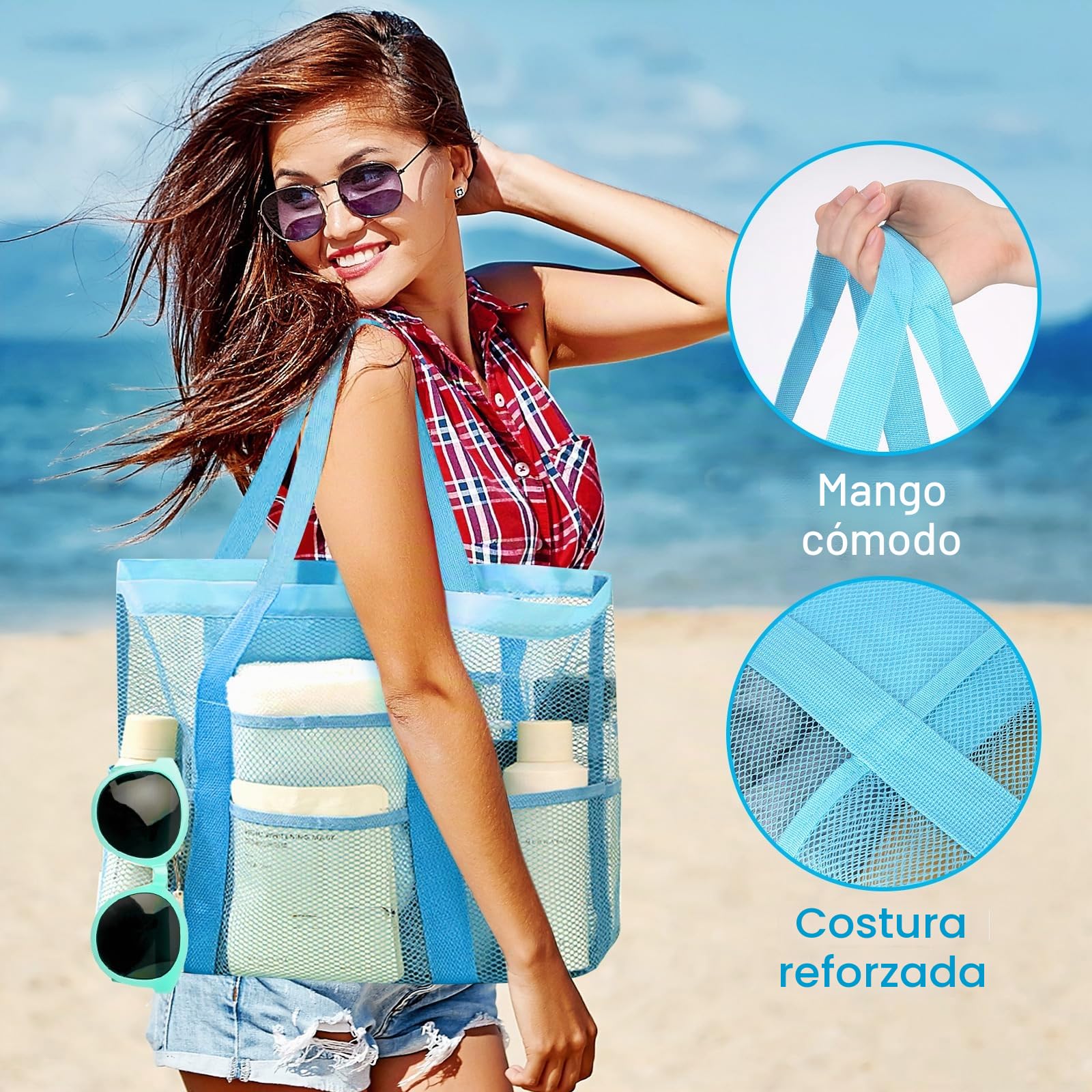 2 bolsas grandes de playa para mujer con cremallera, 8 bolsillos, bolsa de baño, reutilizable, para viajes, playa, compras, picnic y uso diario (negro + azul), negro y azul.