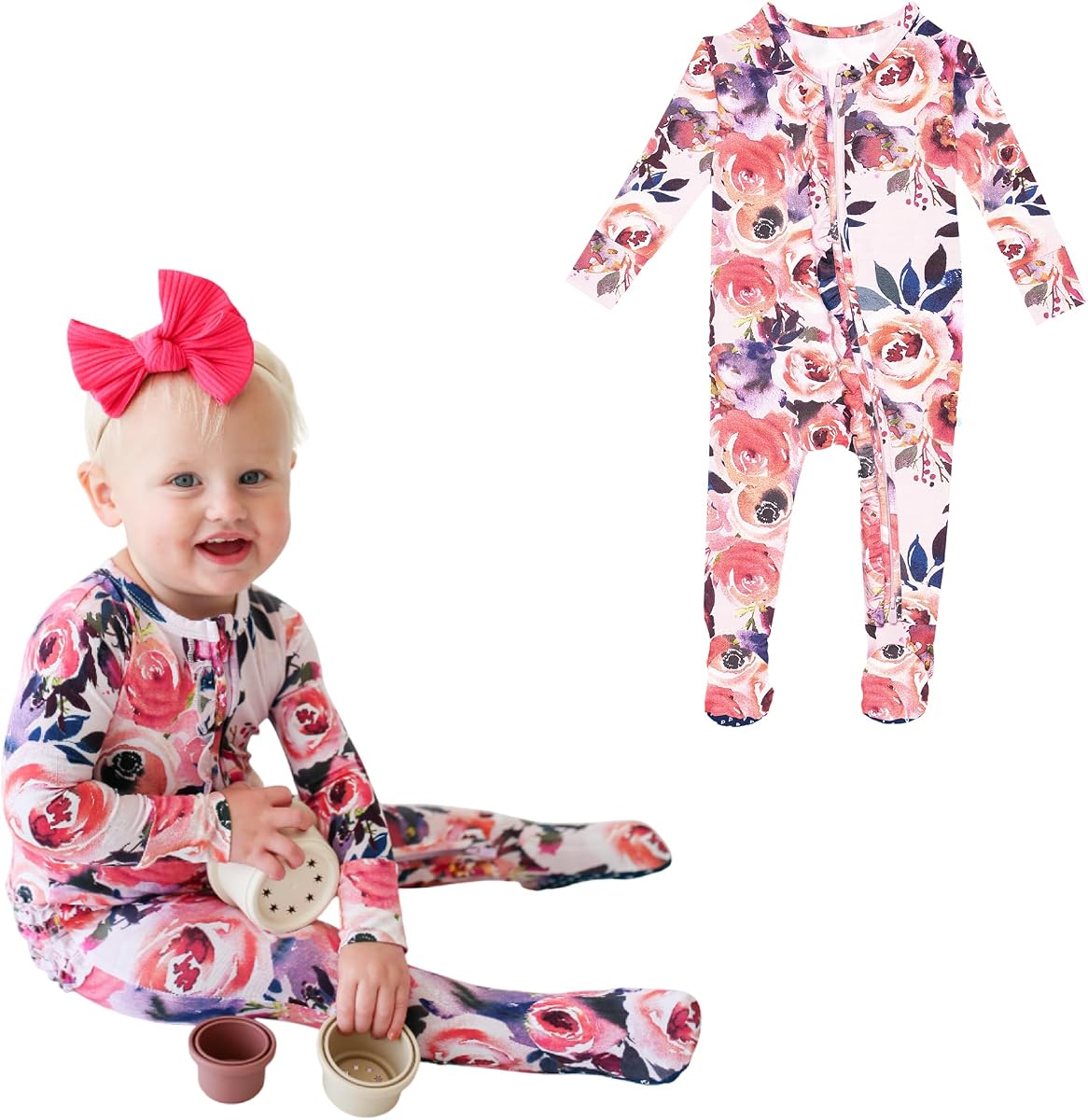 Posh Peanut Footie Pajamas for Baby Girls, Soft Viscose from Bamboo | Ruffle Details, 2-Way Zipper for Easy Changes, Footed Grips, Soft and Stretchy Fabric, Snug Fit, Machine Washable