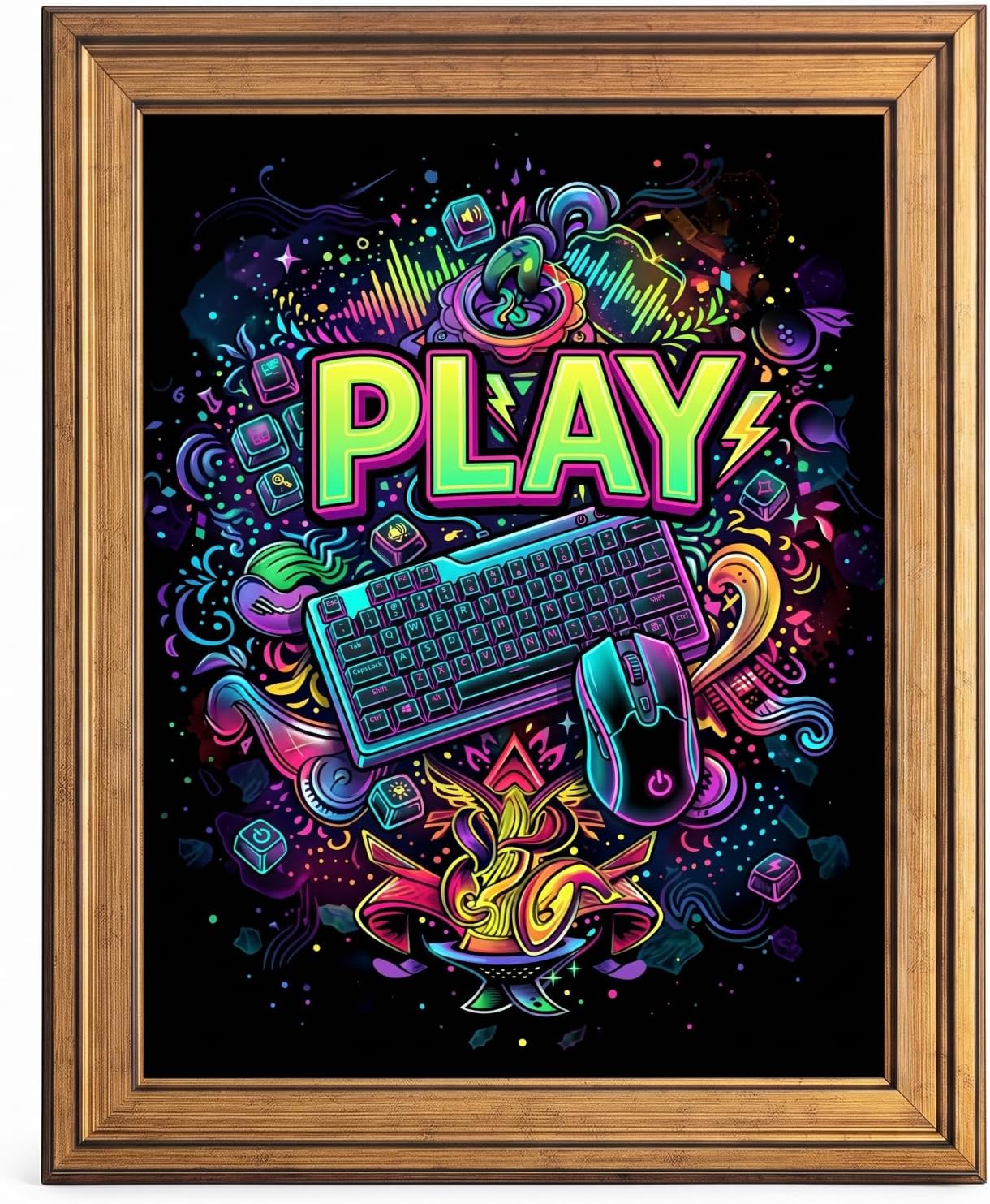 Framed Canvas Wall Art Neon Graffiti Gaming Keyboard and Mouse Glowing Cyan and Magenta Play Design Canvas Print Poster Gold Frame Wall Decor for Game Room Gamer Gift, Cyber Decor - Inch 16x20