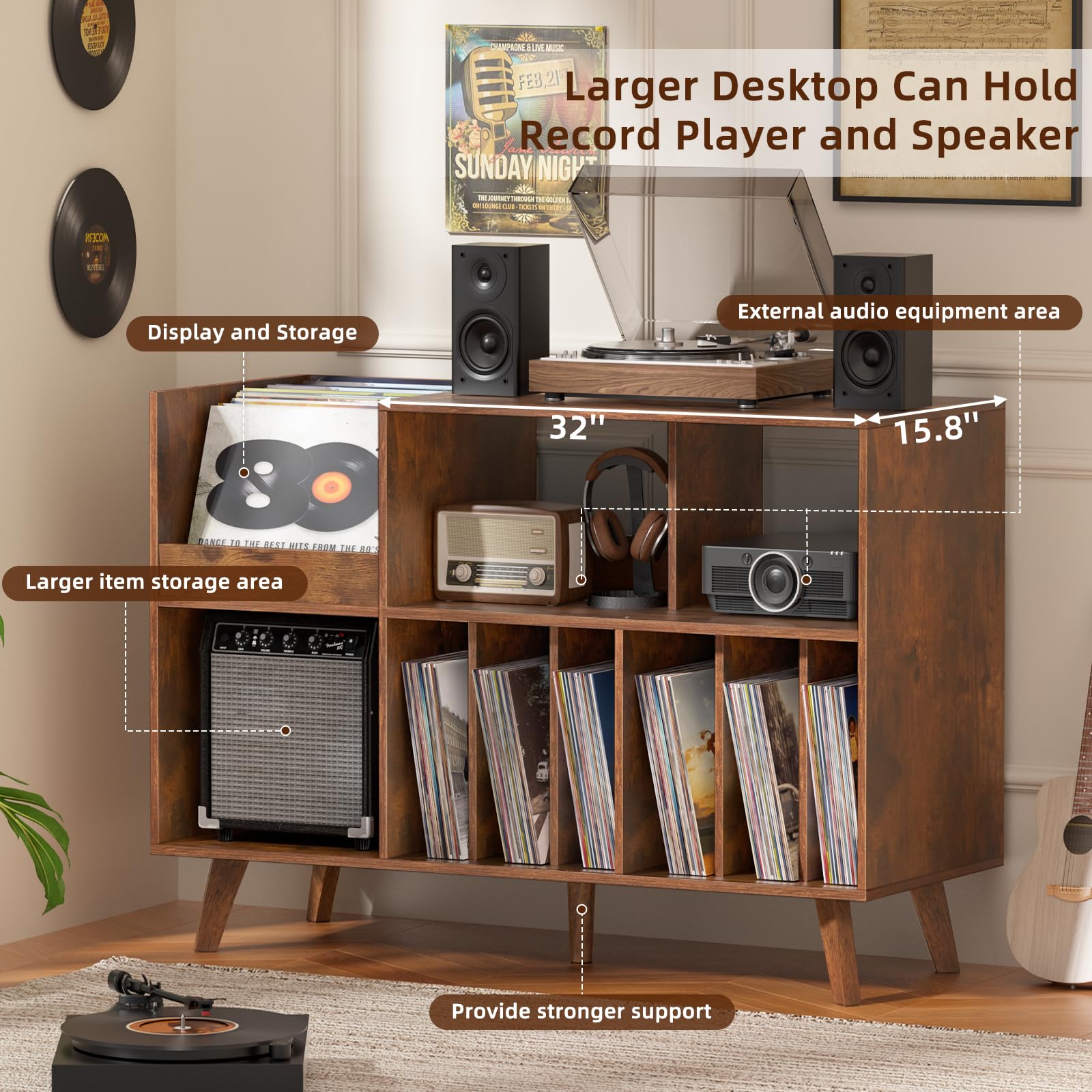LELELINKY Soporte grande para tocadiscos, soporte giratorio con almacenamiento, soporte de vinilo con área de exhibición, mesa de tocadiscos con capacidad para hasta 450 álbumes, soporte para discos
