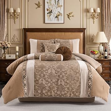 Queen Comforter Set Brown Beige, Luxury Chenille Jacquard, 7 PCS