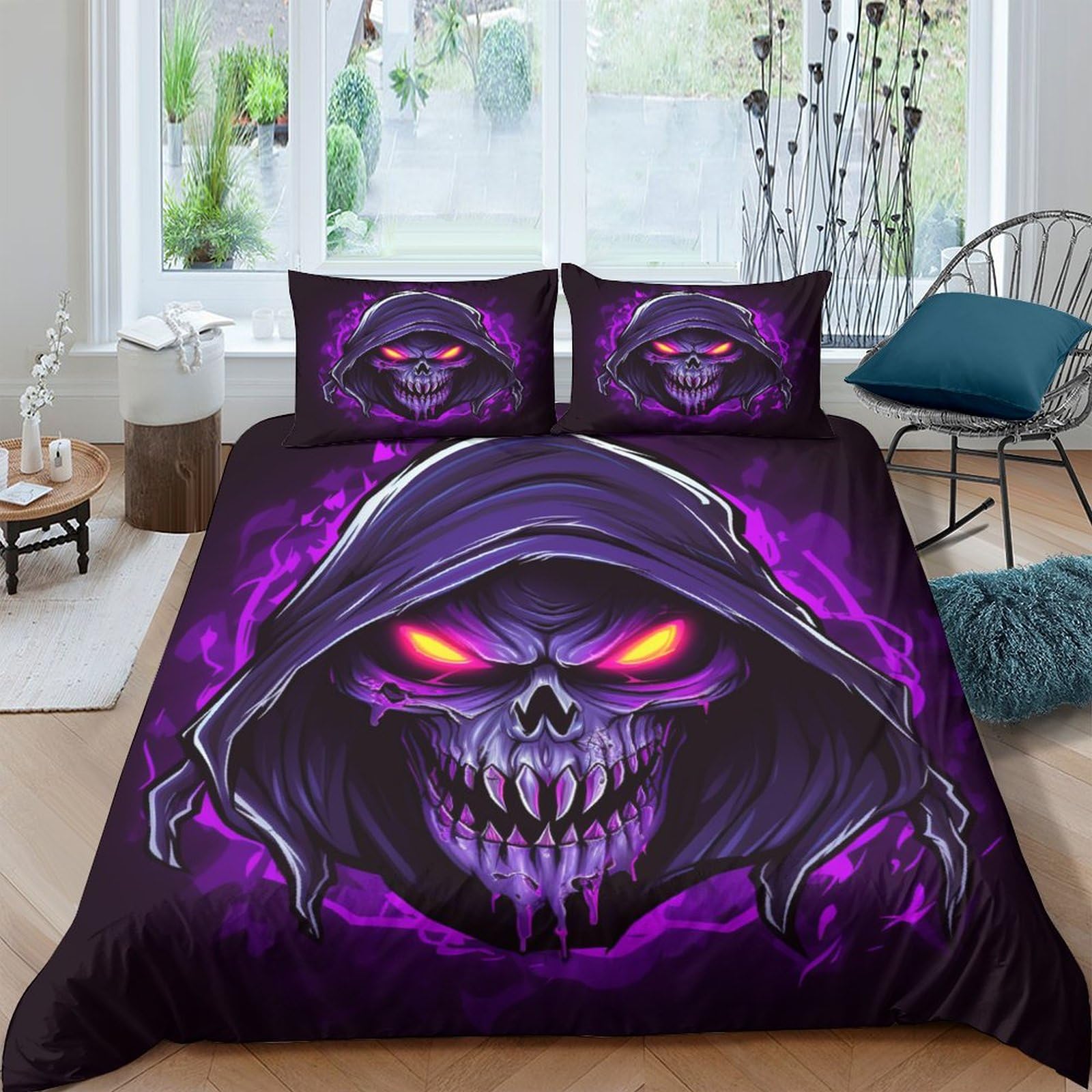 Dark Skull Bedding Set Duvet Cover Set for Gothic 3D Printed 3 Piece Set Soft Breathable Comforter Cover Quilt Cover with Zipper Closure Soft Microfiber Double（200x200cm）