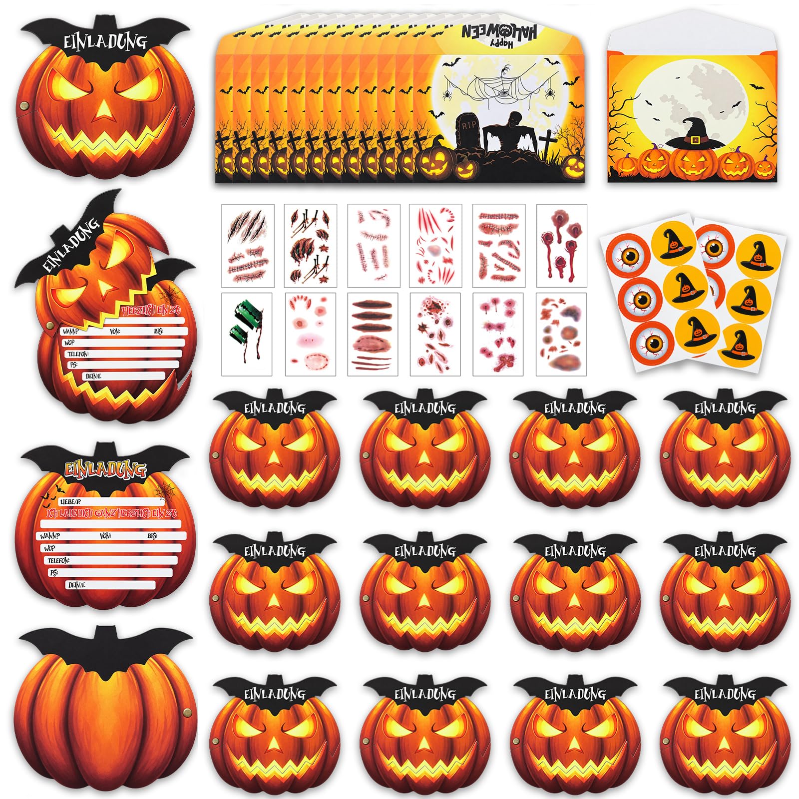 KERANEET 12PCS Halloween Einladungskarten, Kürbis Halloween Party Einladung | Halloween Party Einladungskarten mit Aufklebern, Gruselige Kürbis Einladungskarte zum Geburtstag für Mädchen Junge
