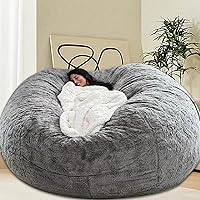 6FT Giant Fluffy Bean Bag Chair Cover Grey - No Filling, Comfy Velvet Lazy Sofa for Adults Kids Reading Floor Chair