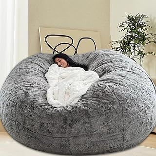 6FT Giant Fluffy Bean Bag Chair Cover Grey - No Filling, Comfy Velvet Lazy Sofa for Adults Kids Reading Floor Chair