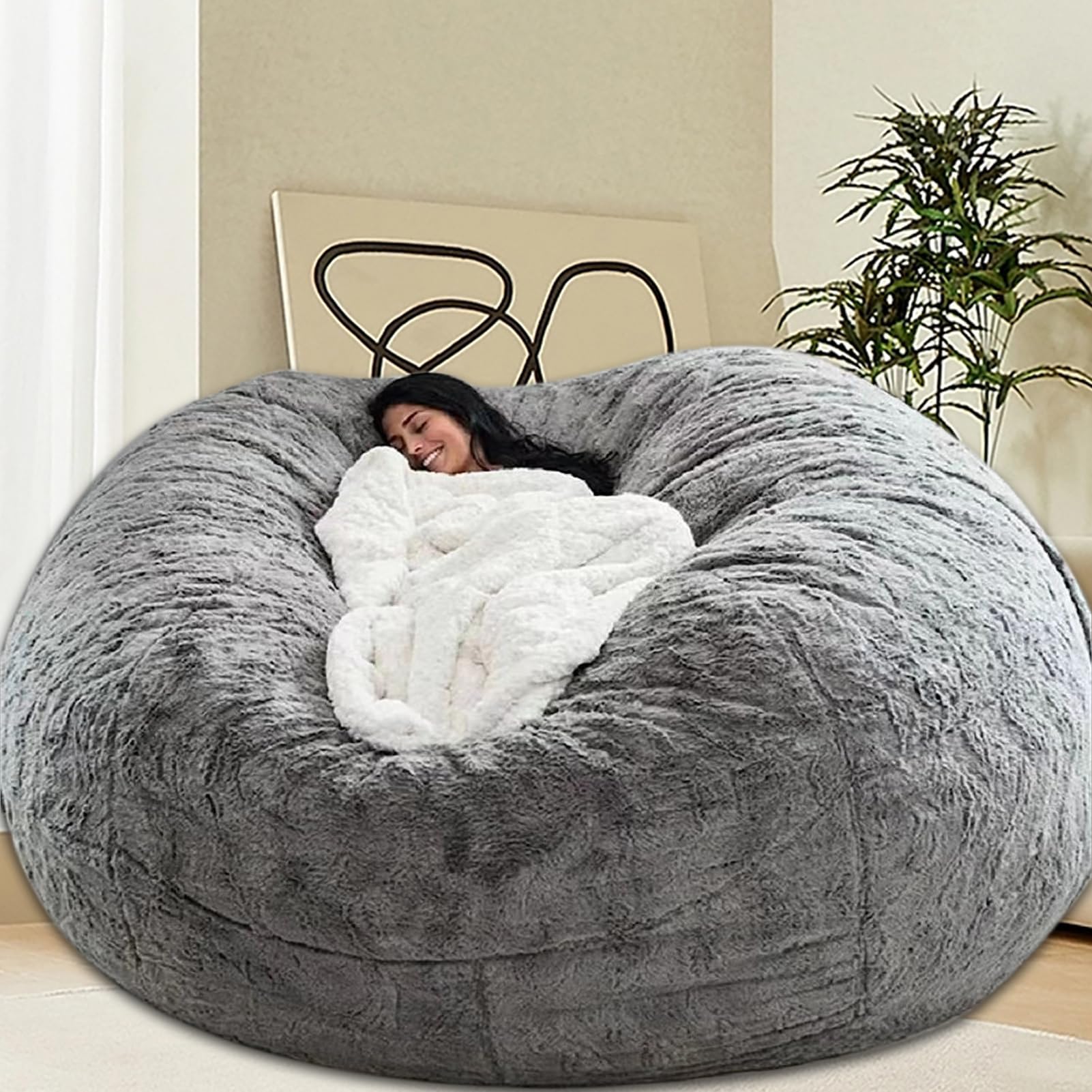 HDMLDP Bean Bag Chair for Adults Kids Without Filling Comfy Fluffy Giant Round Beanbag Lazy Sofa Cover for Reading Chair Floor Chair, 7FT, Grey