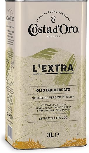 Costa d’Oro – L’Extra 3L. Olio Extravergine di oliva estratto a freddo. Sapore equilibrato, adatto a tutte le ricette e come condimento per insalate. Latta da 3 litri.