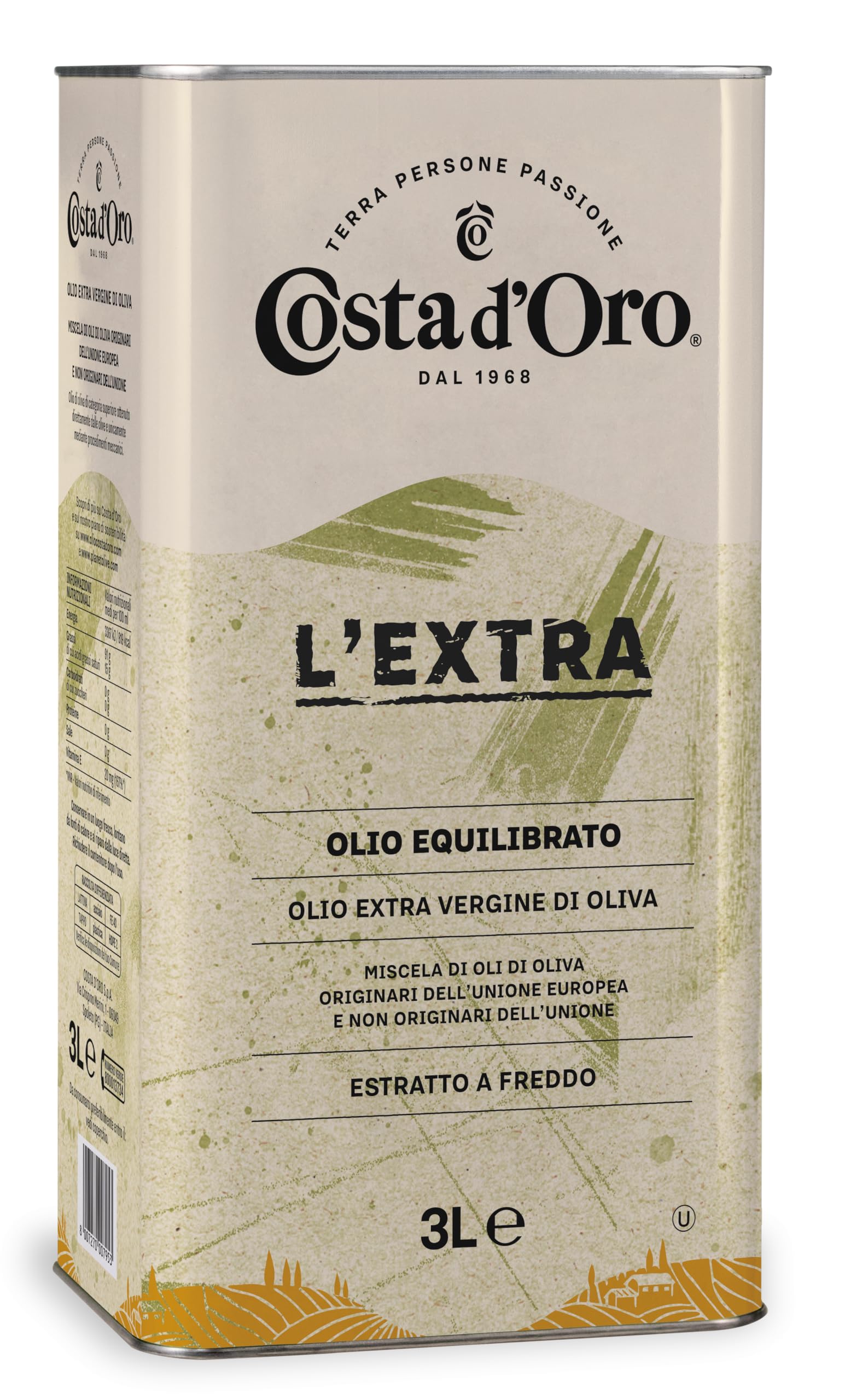 Costa d’Oro – L’Extra 3L. Olio Extravergine di oliva estratto a freddo. Sapore equilibrato, adatto a tutte le ricette e come condimento per insalate. Latta da 3 litri.