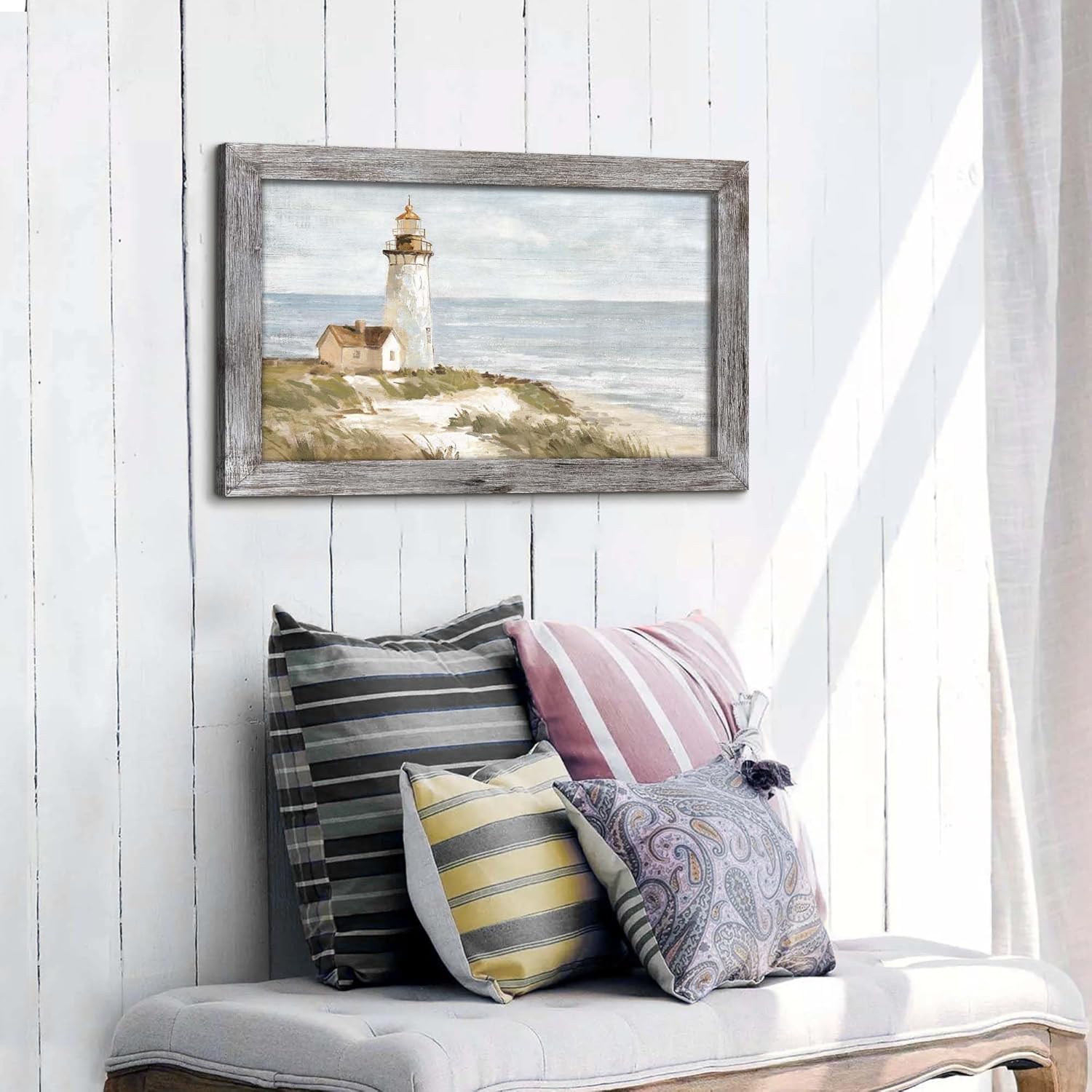 Bathroom Beach Scene Wall Art - Lighthouse Ocean Picture Print Coastal Nautical Decor for Bedroom 24x16 Inch