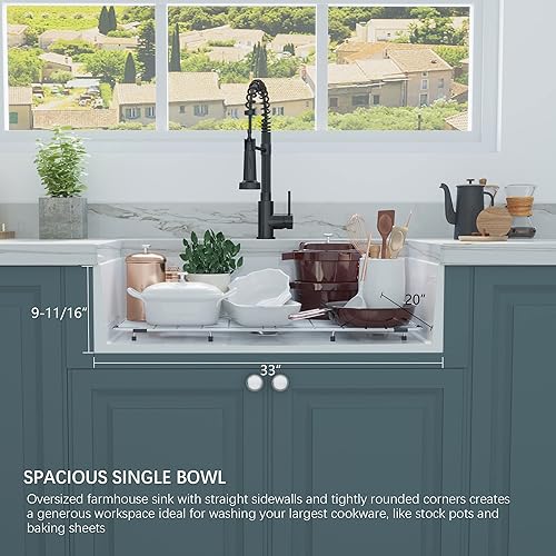 Miniatura 4 de Hercate - Fregadero blanco de 33 pulgadas, delantal de arcilla refractaria blanca de 33 pulgadas, fregaderos de cocina de cerámica con rejilla