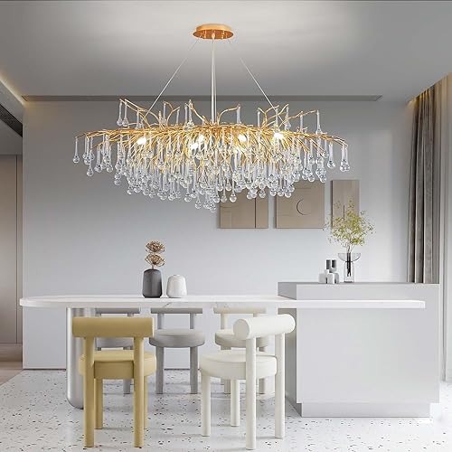 Miniatura 204 de Candelabro moderno de ramas de árbol de cristal, color negro, 40 pulgadas, Art Deco Rectángulo Lineal con gotas de lluvia para interiores, comedor