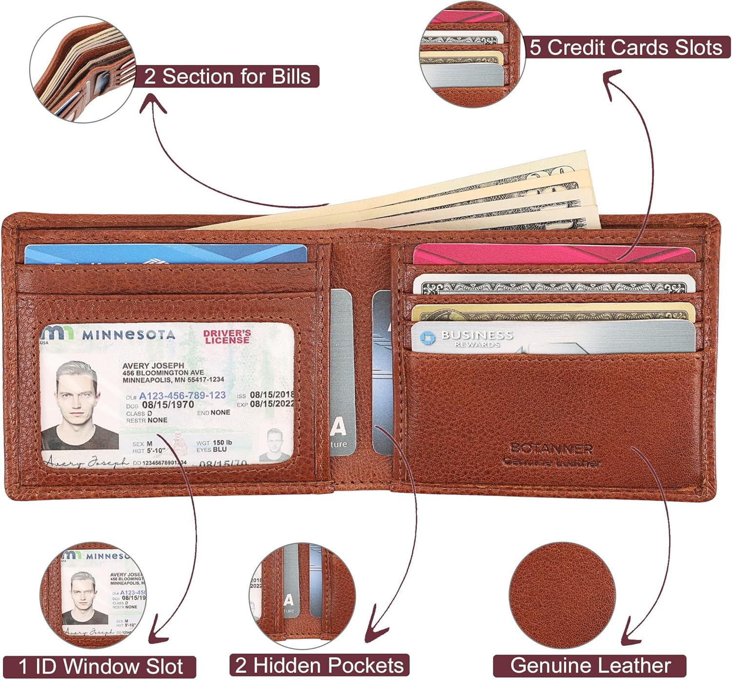 Genuine Leather Mens Bifold Wallet Slim RFID Blocking 5 Credit Card Slots 1 ID Window 2 Sections for Bills 2 Additional Slots | Tan - Image 3