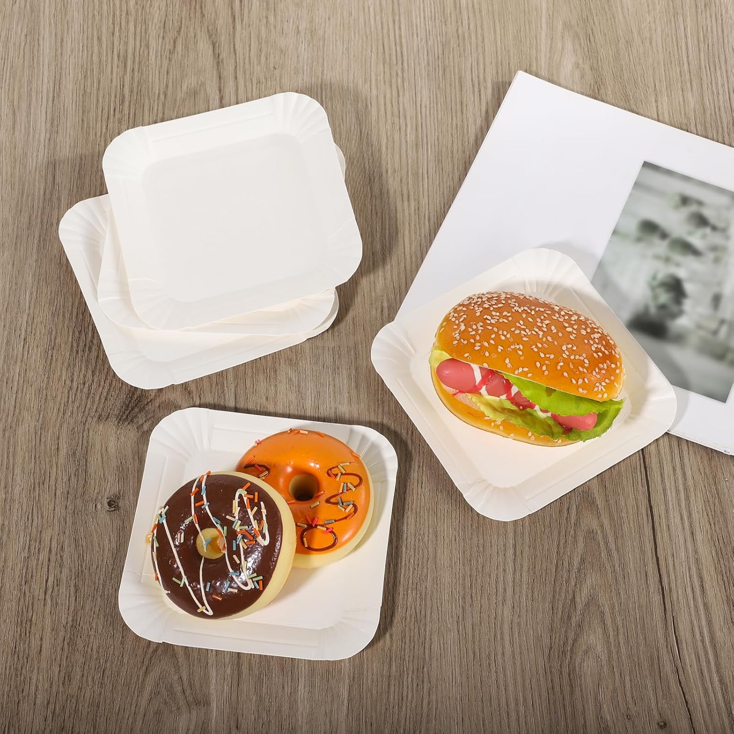 Gingham Birthday Cake Dish, 5PCS White Paper Party Plates Square Dessert Cupcake Cookie Server Serving Tray