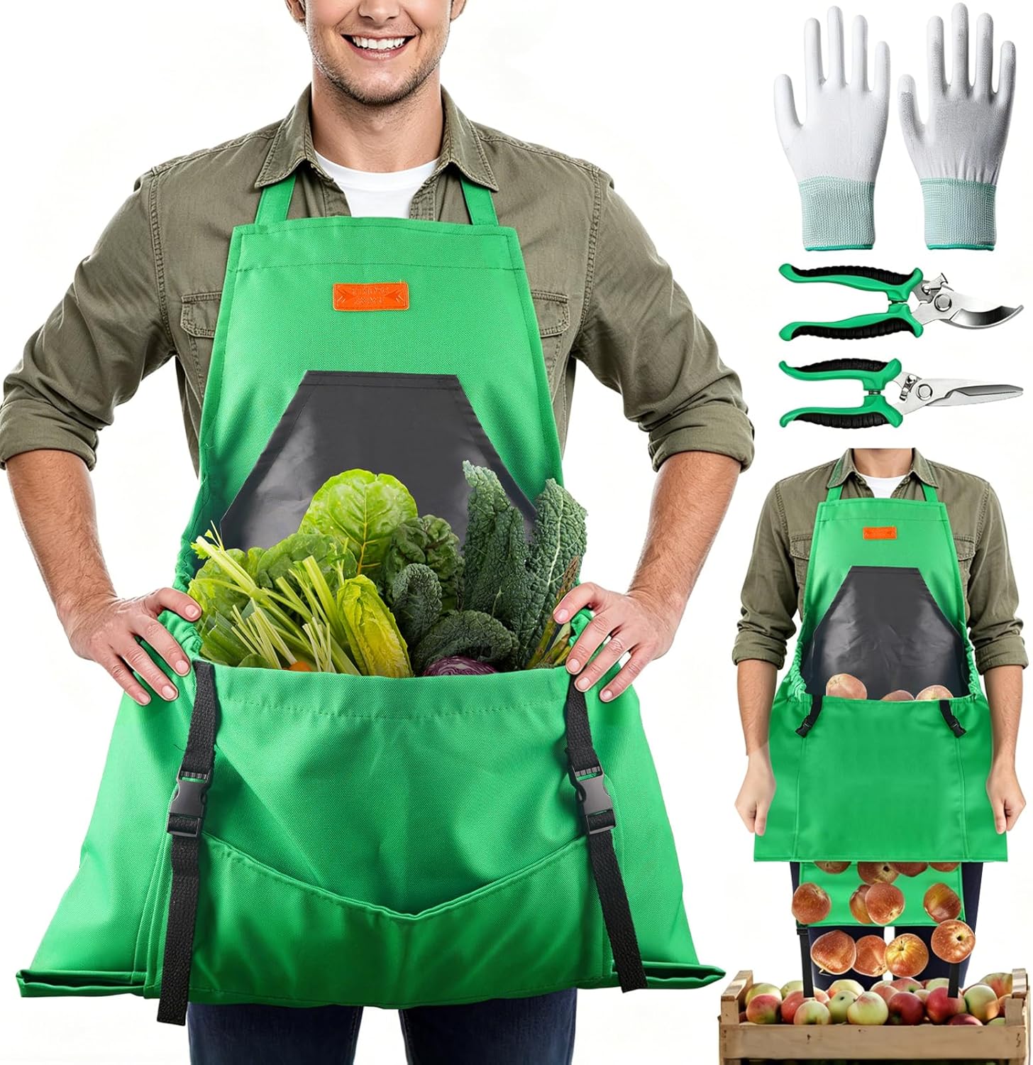 Gardening Apron with Pockets for Women & Men, 4pcs Harvest Aprons with Curved & Straight Garden Shears & Non-Slip Gloves, Quick Release Pocket, Cross Back, Field Apron for Harvesting Picking Weeding