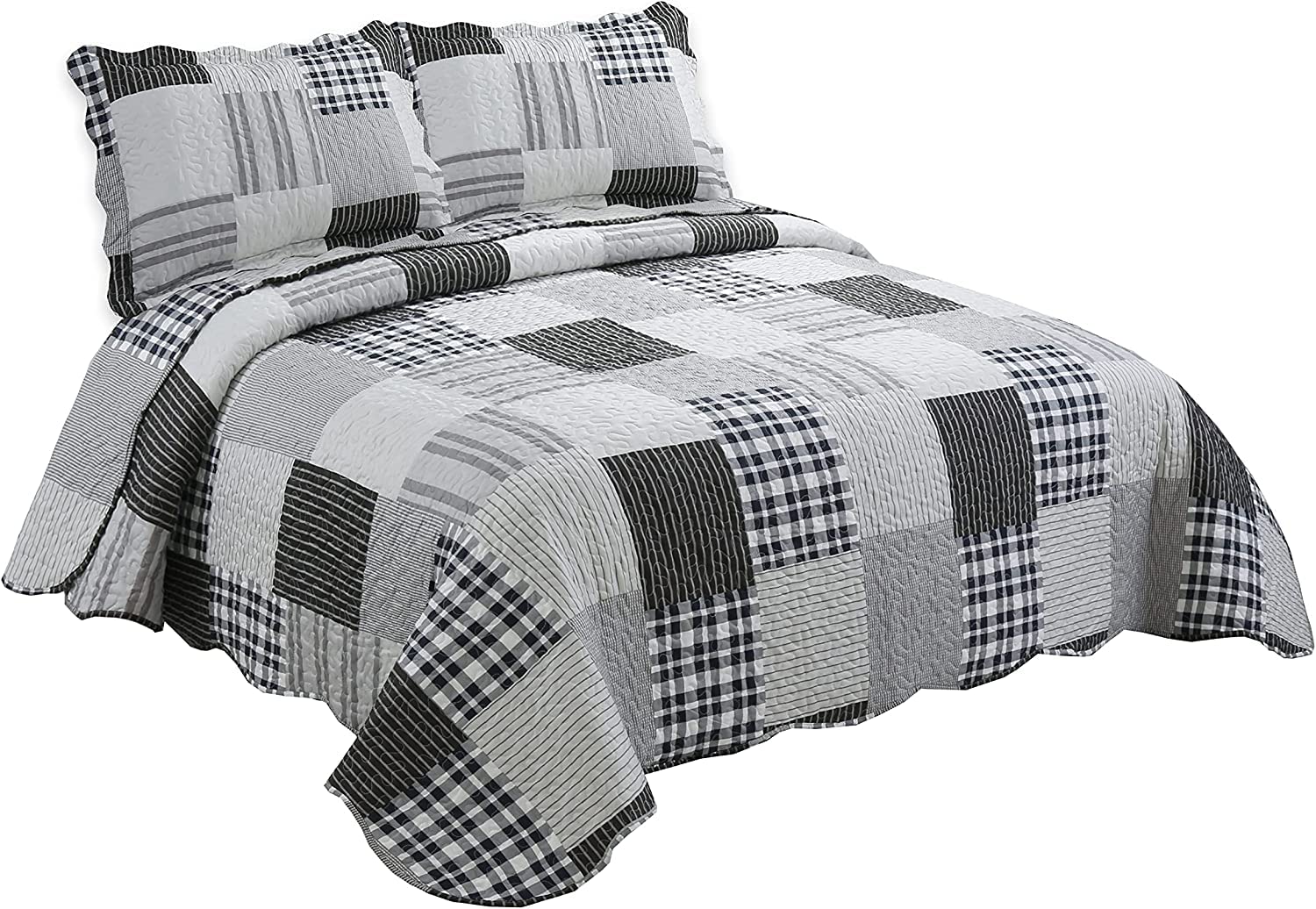 sazana Plaid Printed Bedding 3 Piece Bedspread Quilt Set (King, Grey Plaid)