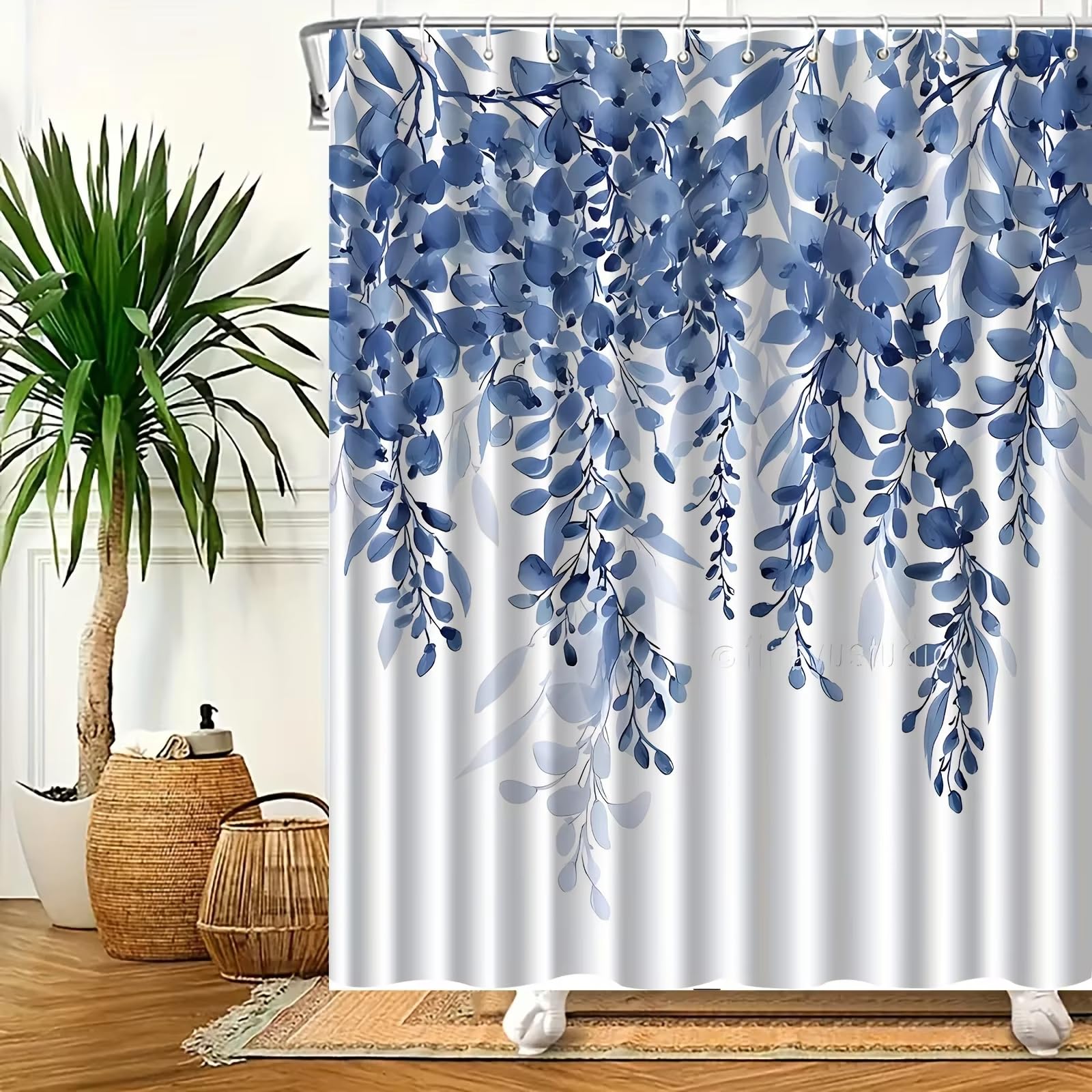 Cortina de Ducha Estampada con diseño de Enredadera de Flores Azules para la decoración del baño del hogar con Ganchos, Tela de poliéster Lavable a máquina (180x240cm (71x94in))