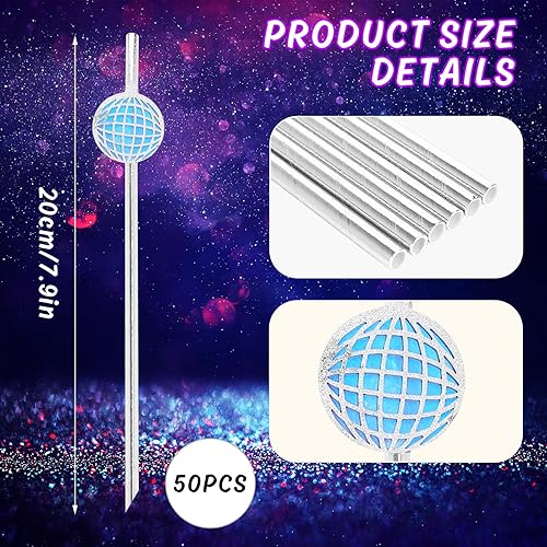 Miniatura 2 de Whaline 50 popotes de papel de bola de disco con purpurina, bola de disco láser, desechables, para decoración de fiesta de discoteca retro, para el