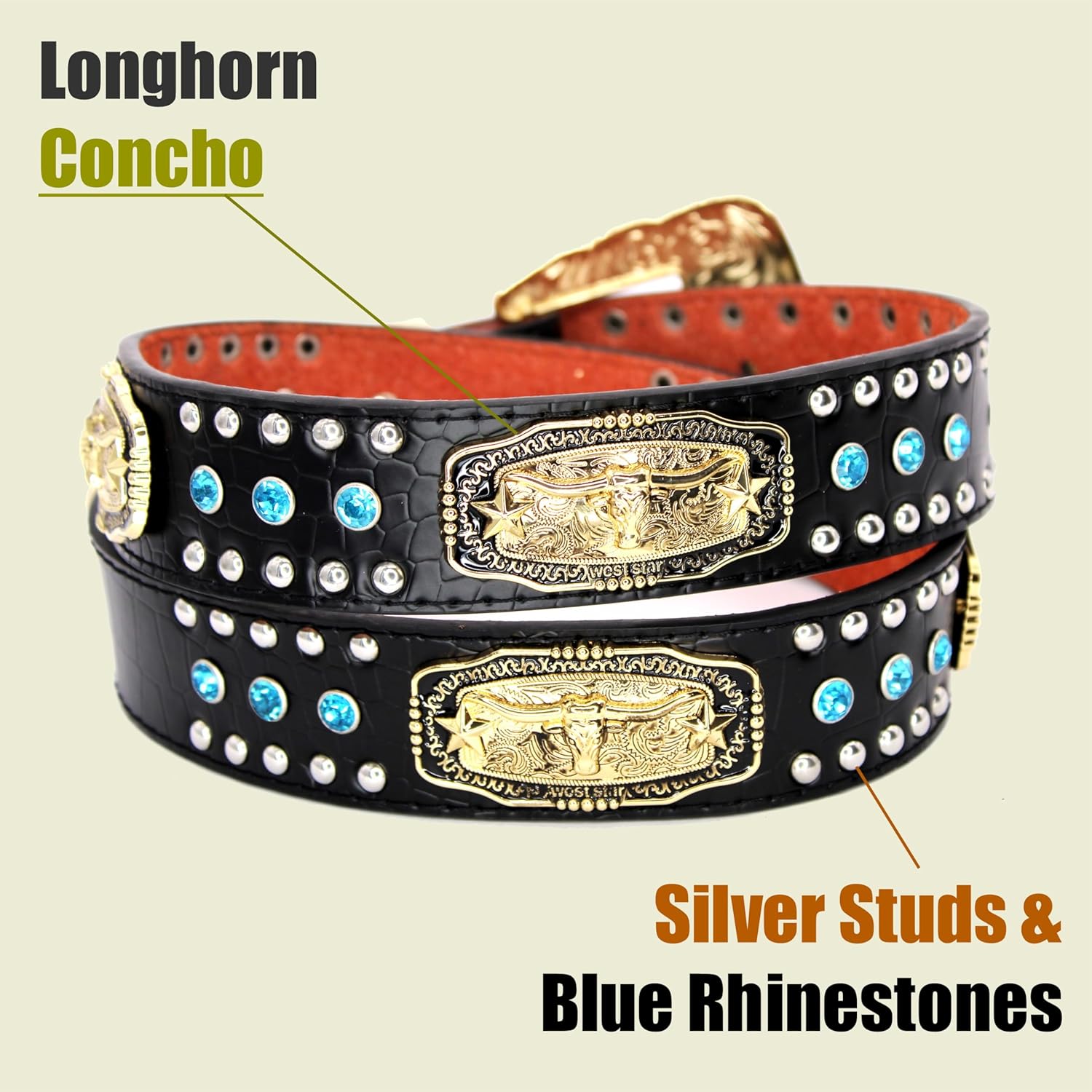 Western Belt - Genuine Leather Concho with Silver Studs & Rhinestones - Cowboy Rodeo Style