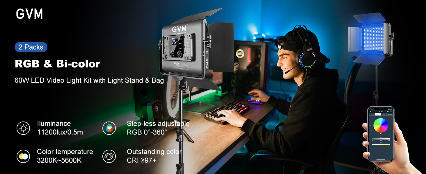GVM 880RS Kit Luce Video LED RGB 60W Con Treppiedi – Regolabile 3200K-5600K, Bluetooth E Scene Creative Per Streaming E Foto